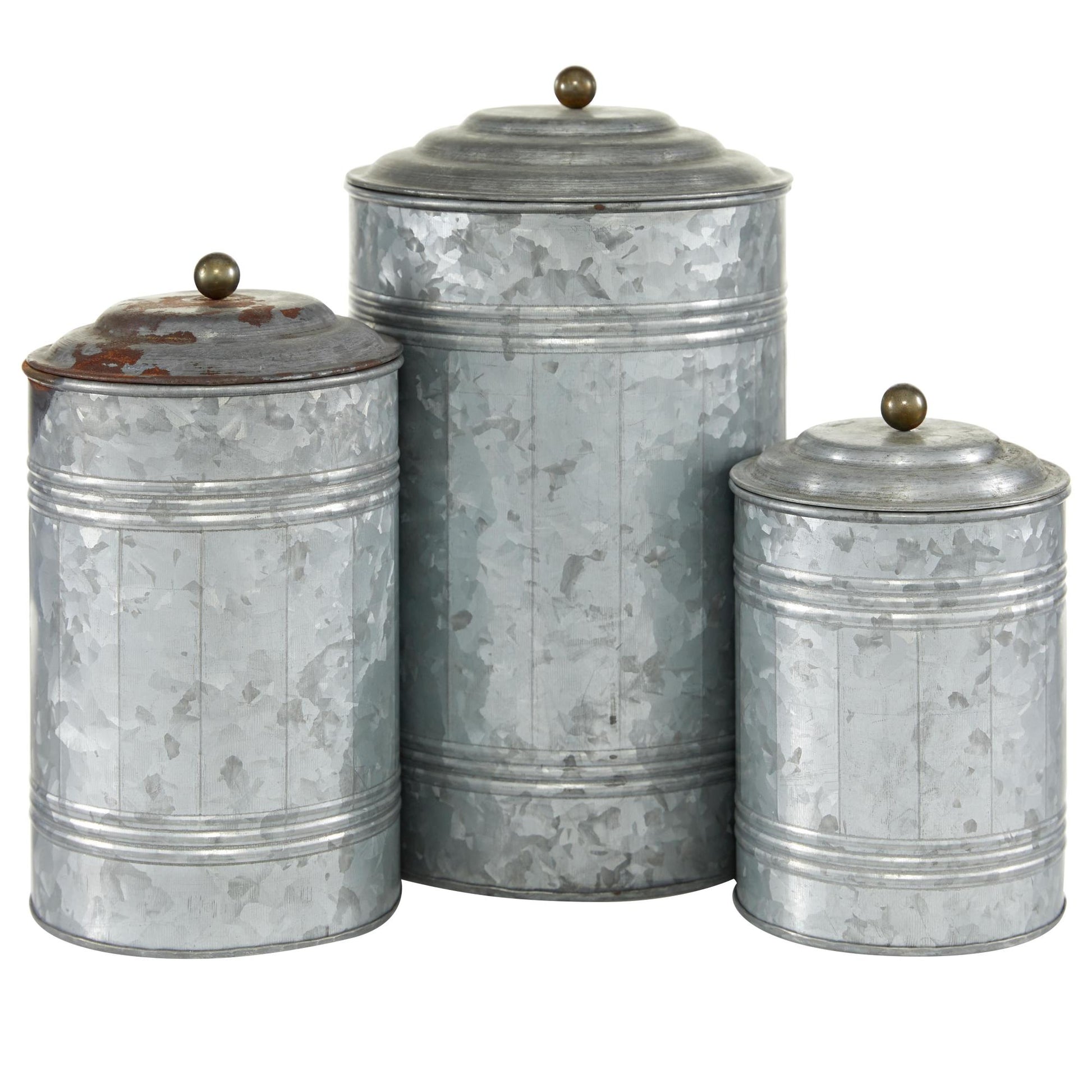Set of 3 Gray Metal Galvanized Ribbed Living Room Decorative Jars with Gold Ball Knobs