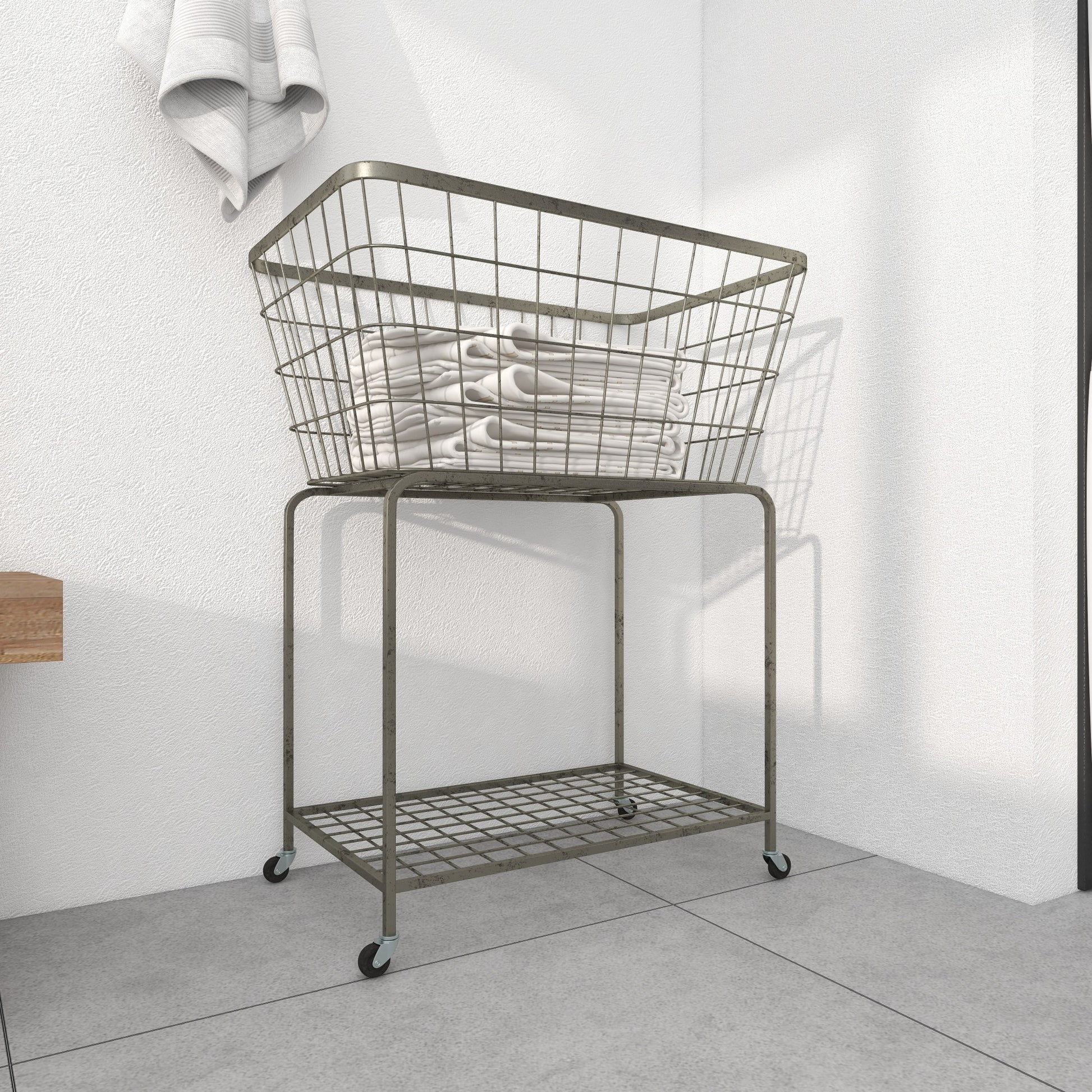 Gray Metal Deep Set Wire Basket Mobile Storage Cart with Wheels