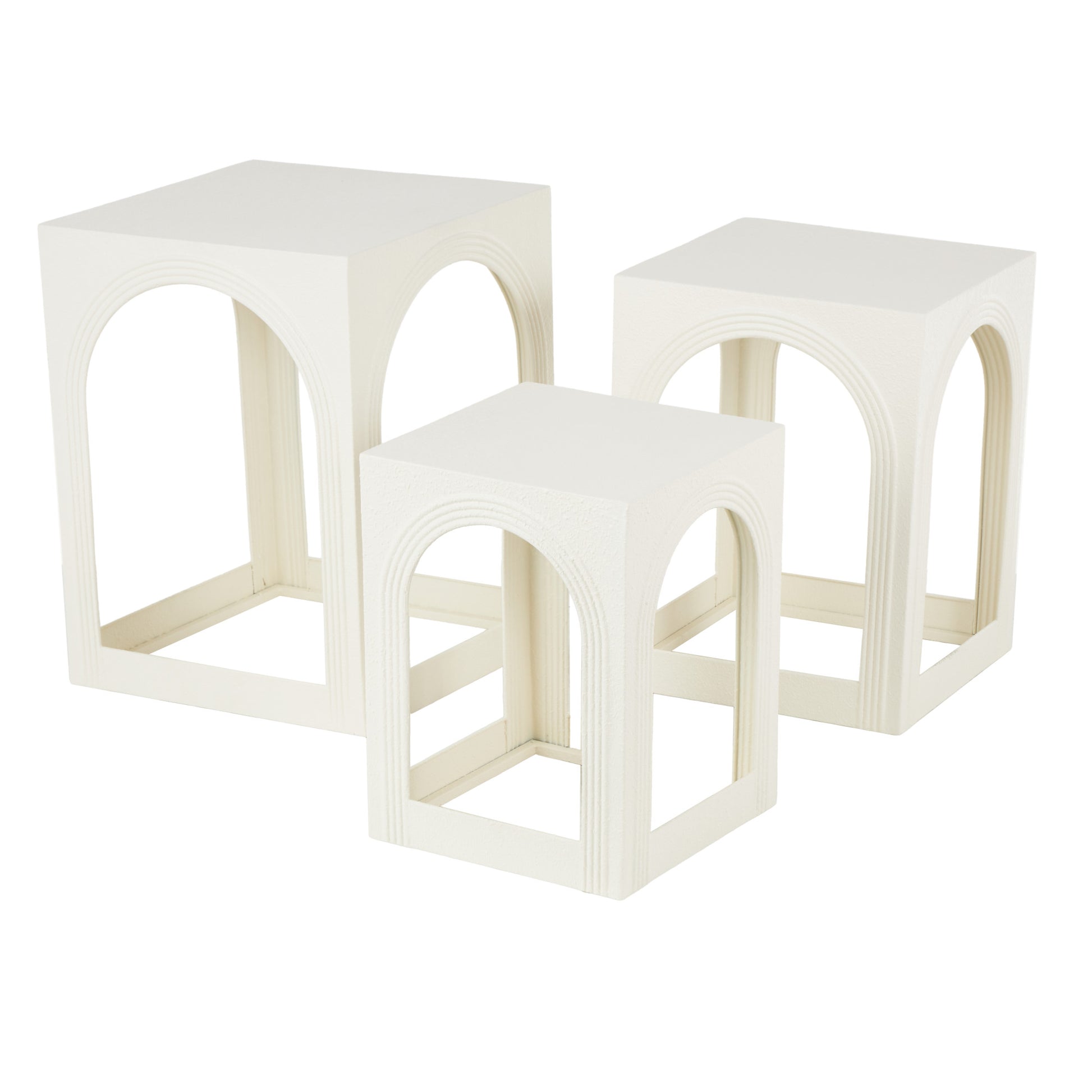 Set of 3 White Metal Nested Side End Accent Table with Arched Cutouts
