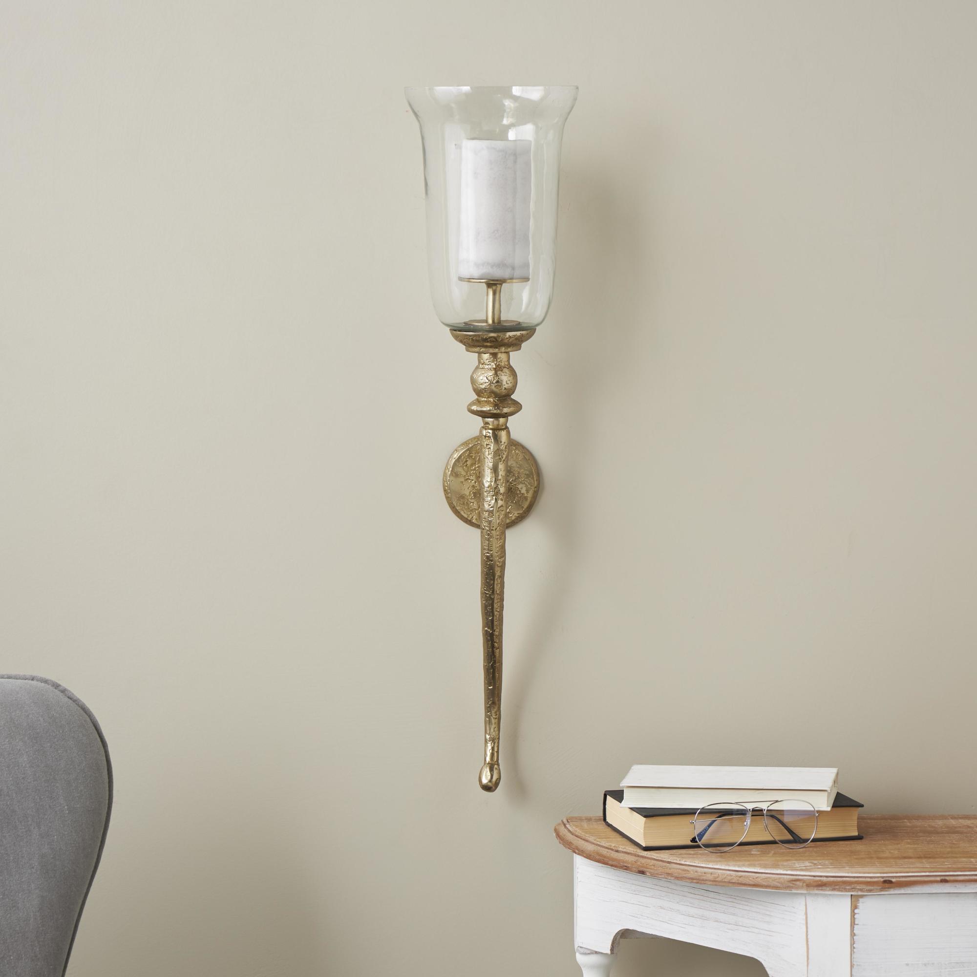 Set of 2 Geometric Gold Aluminum Metal Textured Indoor Outdoor Wall Sconce with Curved Shape