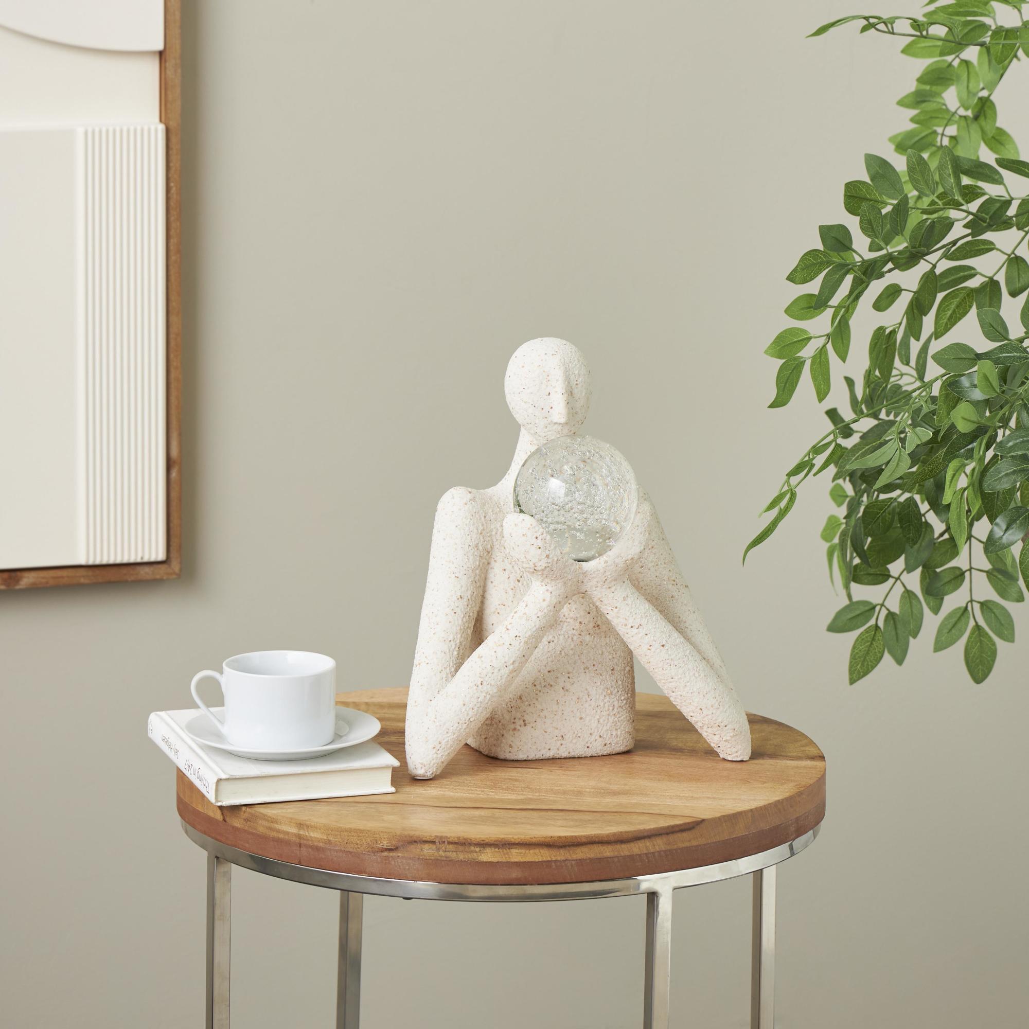 People Cream Polystone Abstract Textured Decorative Sculpture with Clear Glass Ball and Gold Speckles