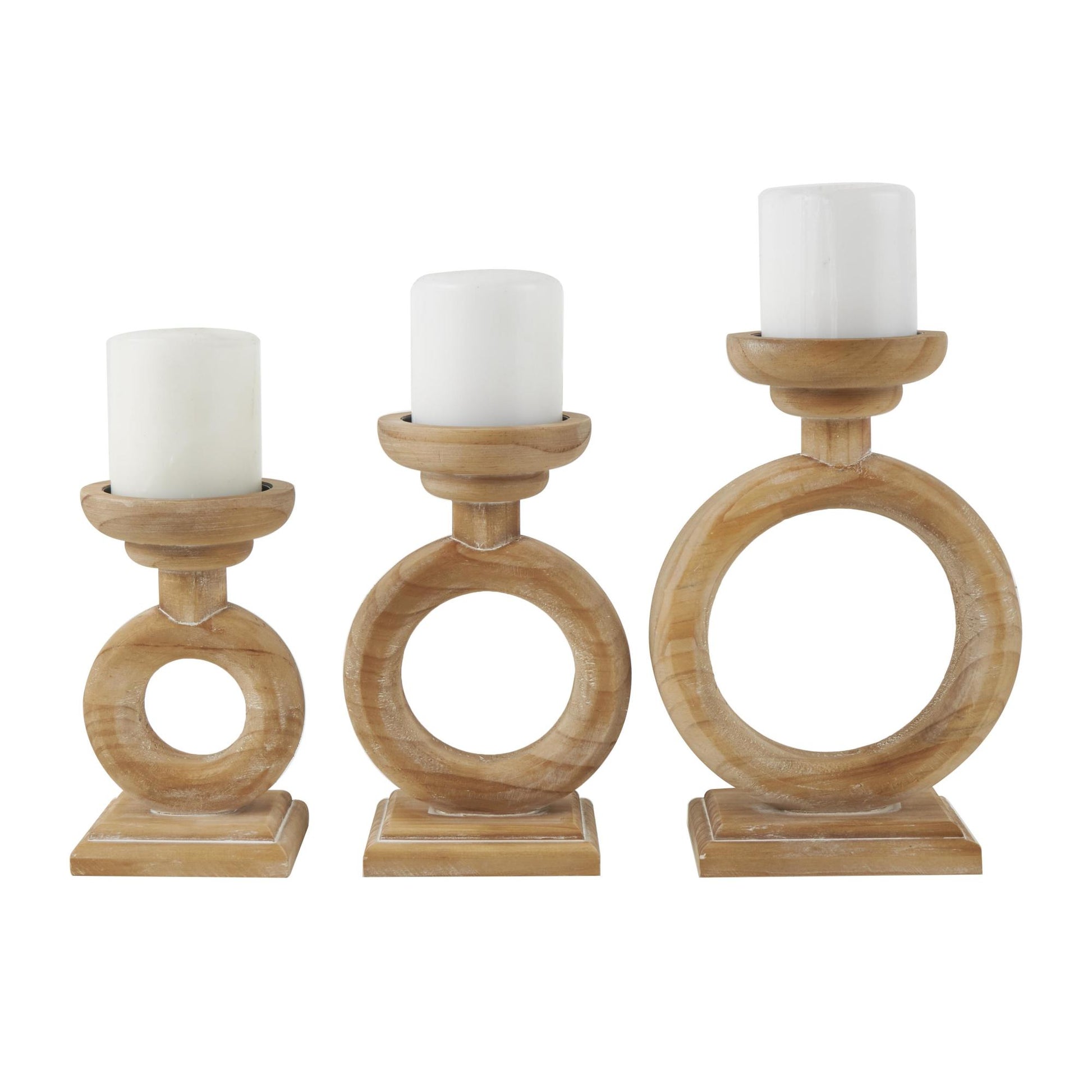 Set of 3 Brown Wood Circular Ring Decorative Candle Holder