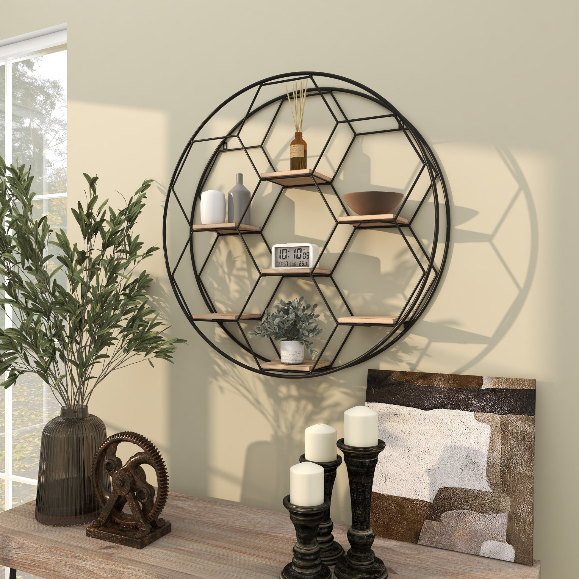Geometric Black Metal Round 7 Shelves Room Wall Shelf