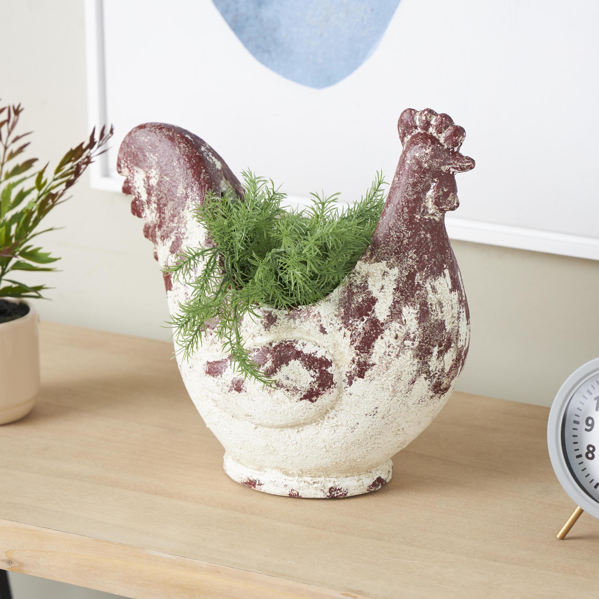 Rooster White Magnesium Oxide Indoor Outdoor Planter with Rust Colored Distressed Details