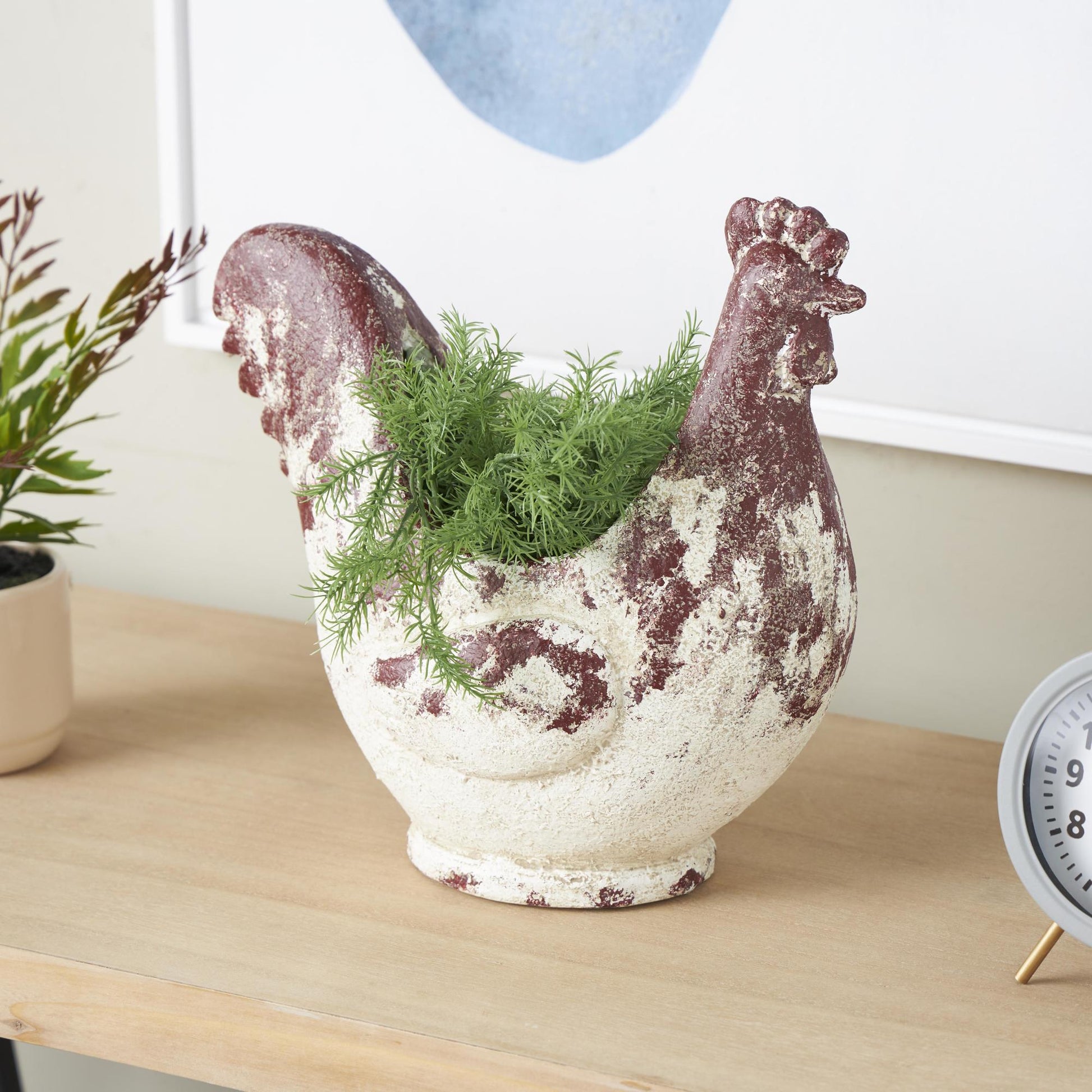 Rooster White Magnesium Oxide Indoor Outdoor Planter with Rust Colored Distressed Details