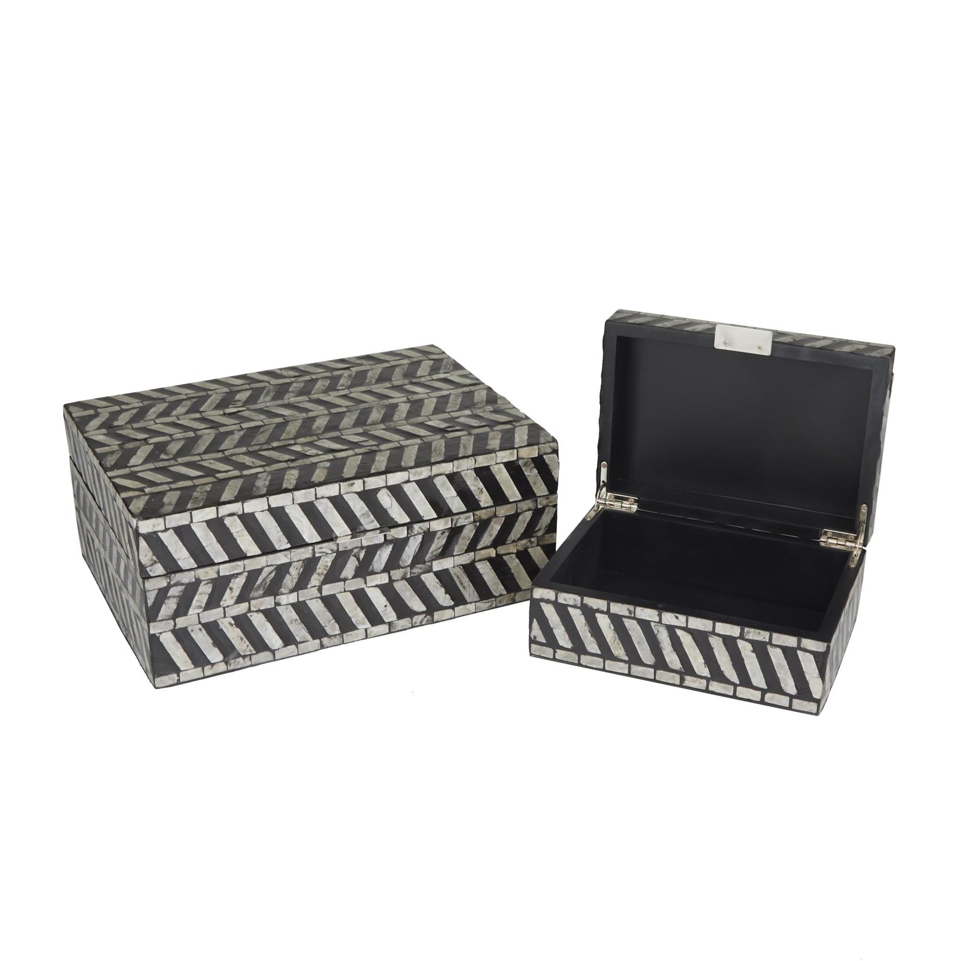 Set of 2 Mother of Pearl Shell Handmade Chevron Pattern Decorative Box with Hinged Lid
