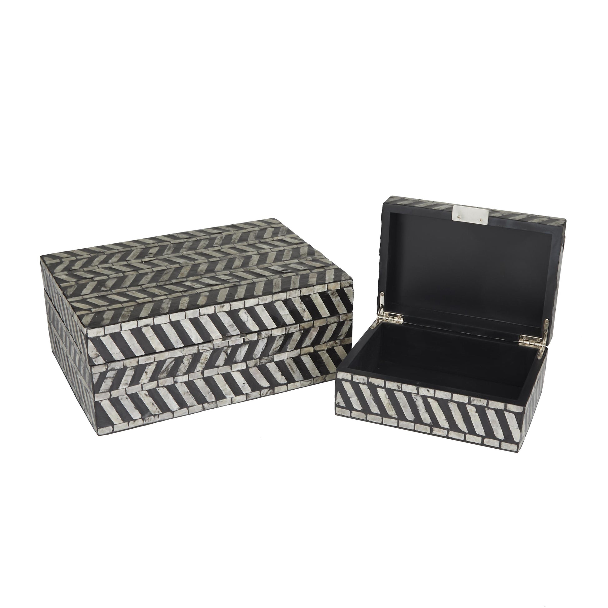 Set of 2 Mother of Pearl Shell Handmade Chevron Pattern Decorative Box with Hinged Lid