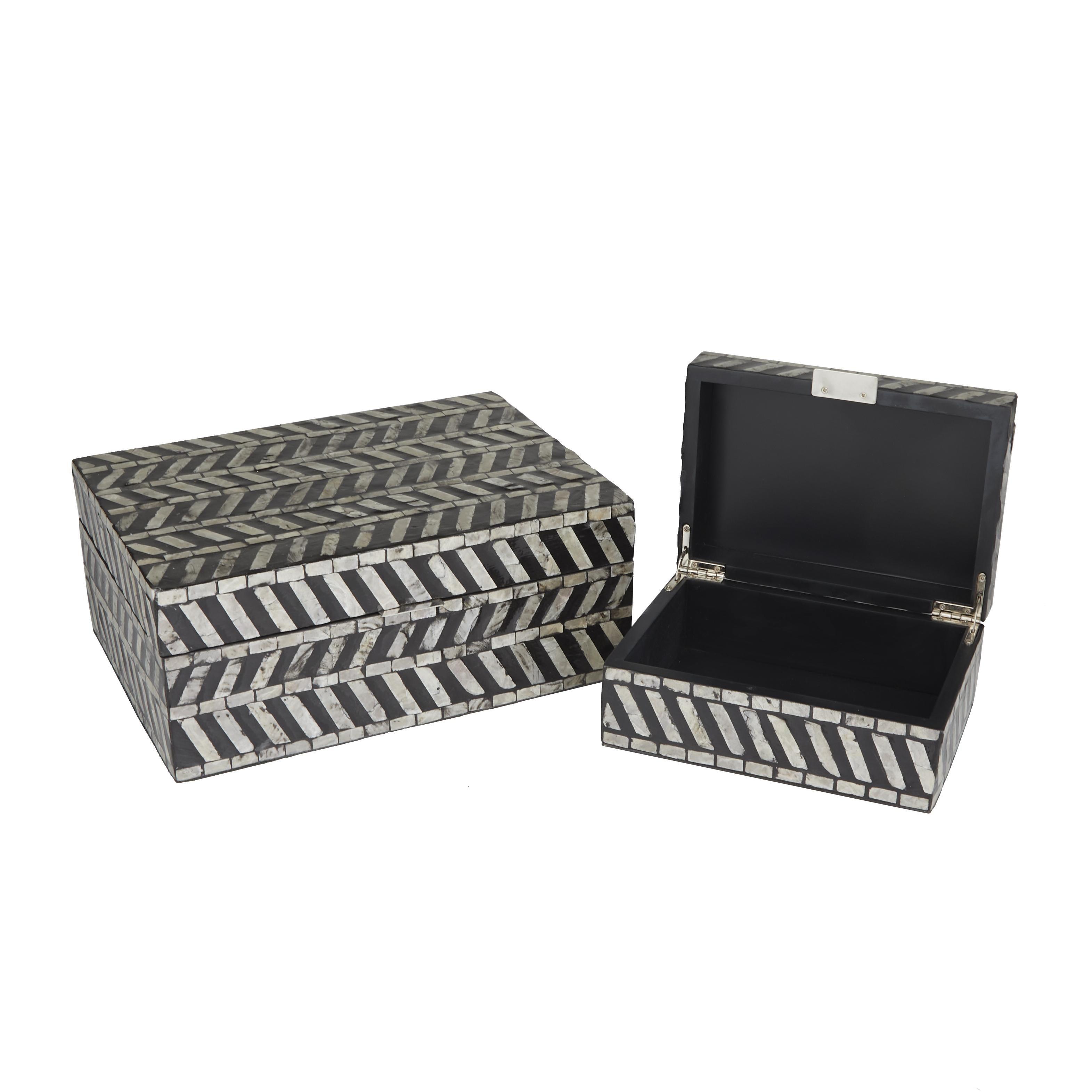 Set of 2 Mother of Pearl Shell Handmade Chevron Pattern Decorative Box with Hinged Lid