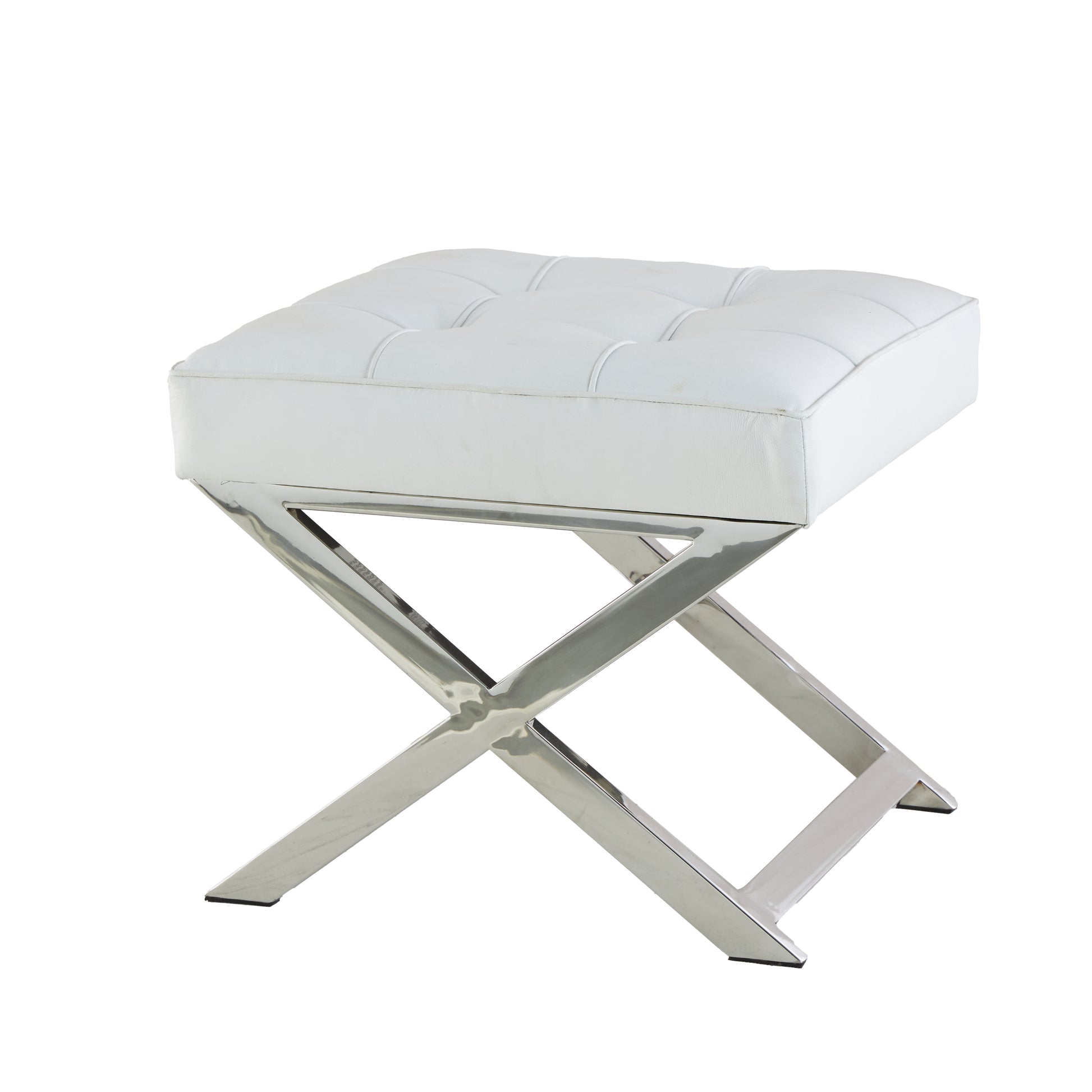 White Leather Living Room Stool with Stainless Steel Supports