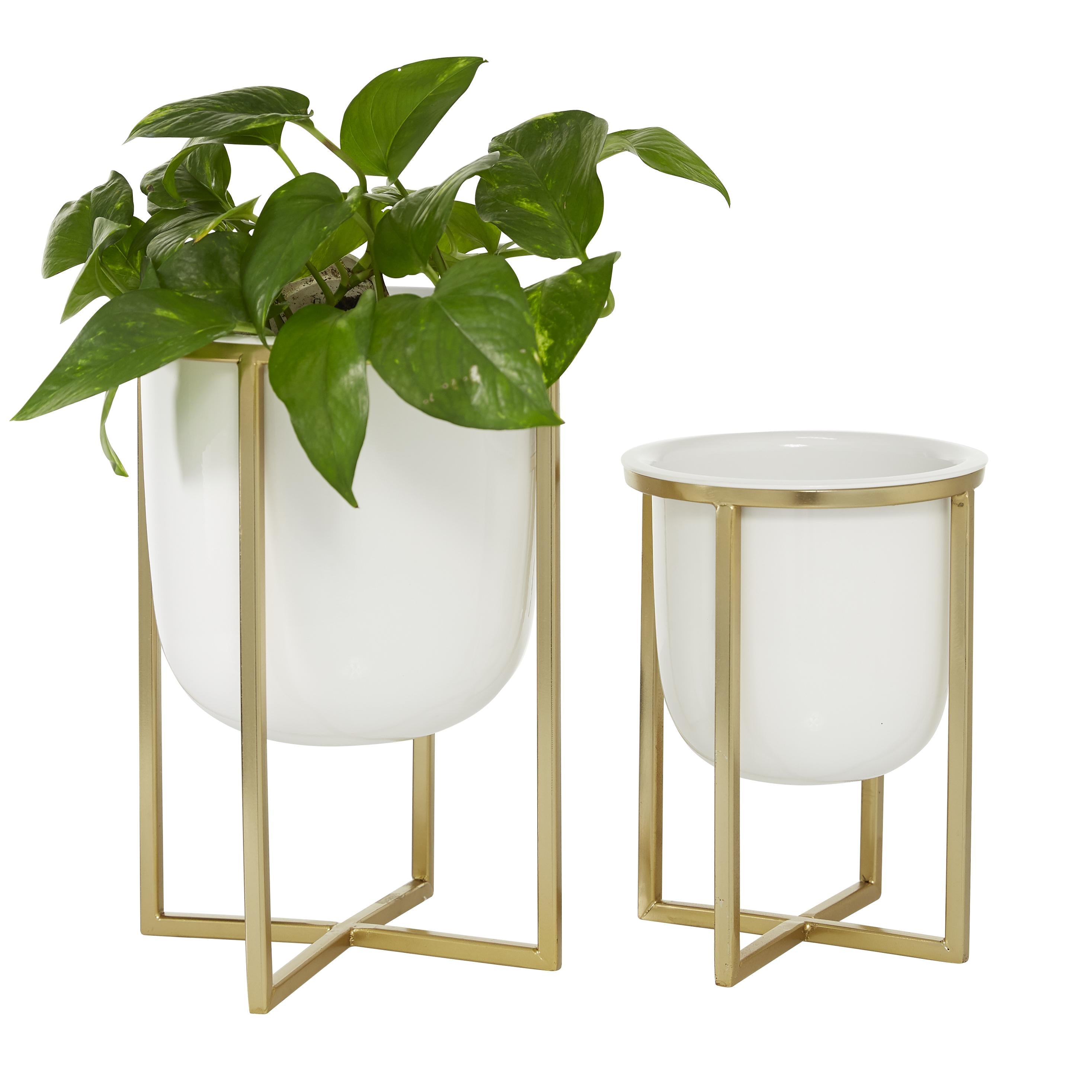 CosmoLiving by Cosmopolitan Set of 2 White Metal Dome Indoor Outdoor Planter with Gold X-Shaped Stands