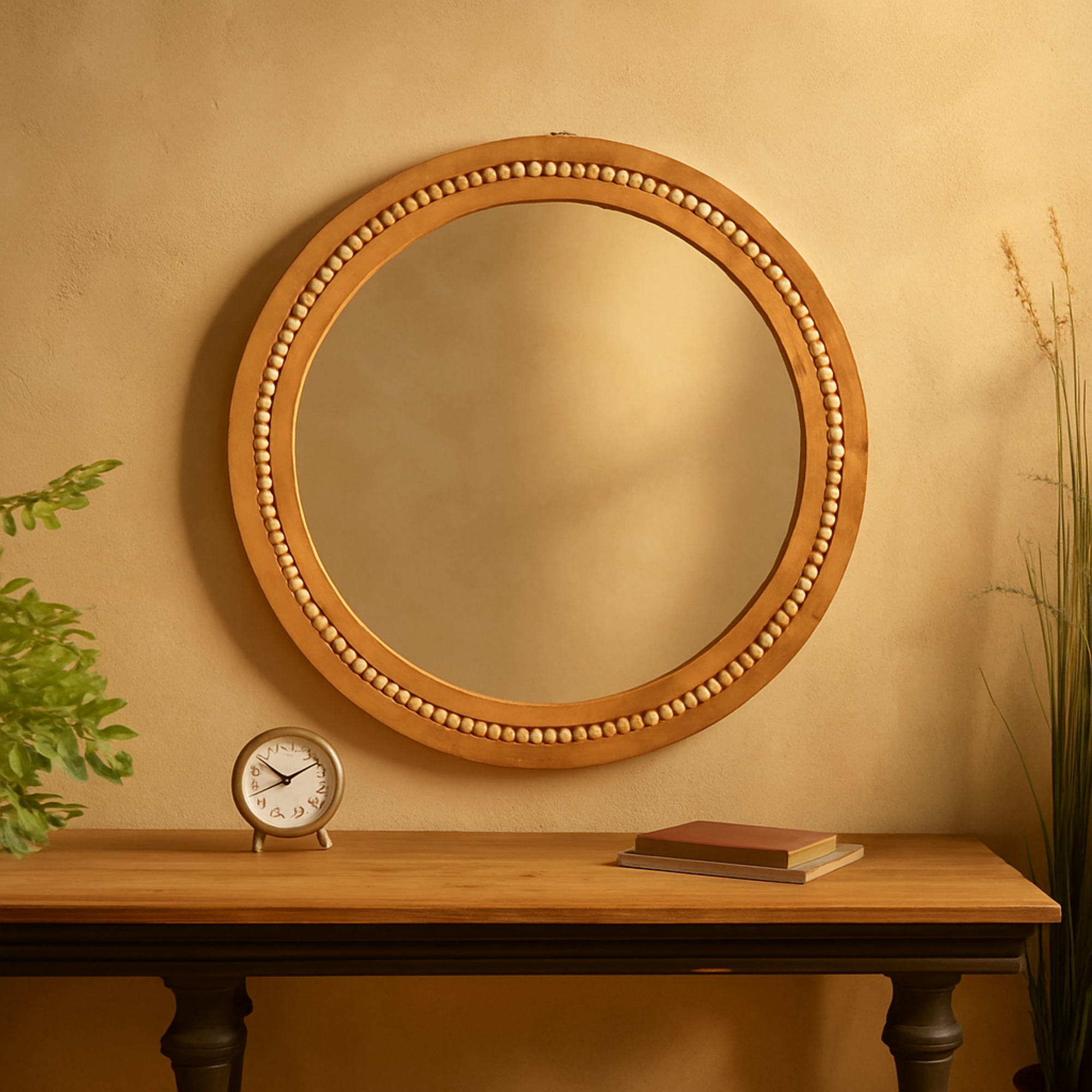 Wood Distressed Room Wall Mirror with Beaded Detailing 36" x 2" x 36"