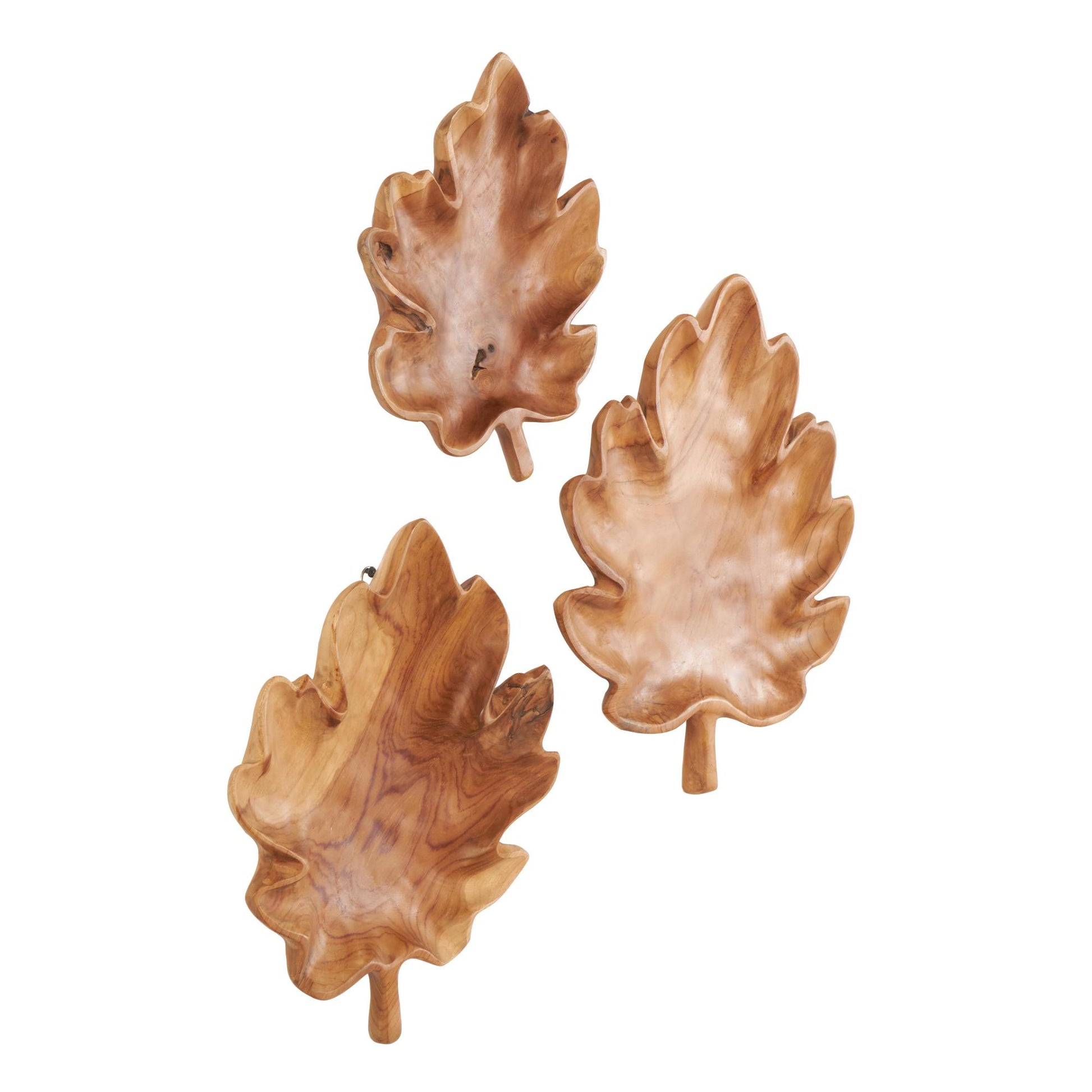 Set of 3 Leaf Brown Teak Wood Handmade Carved Living Room Decor Tray