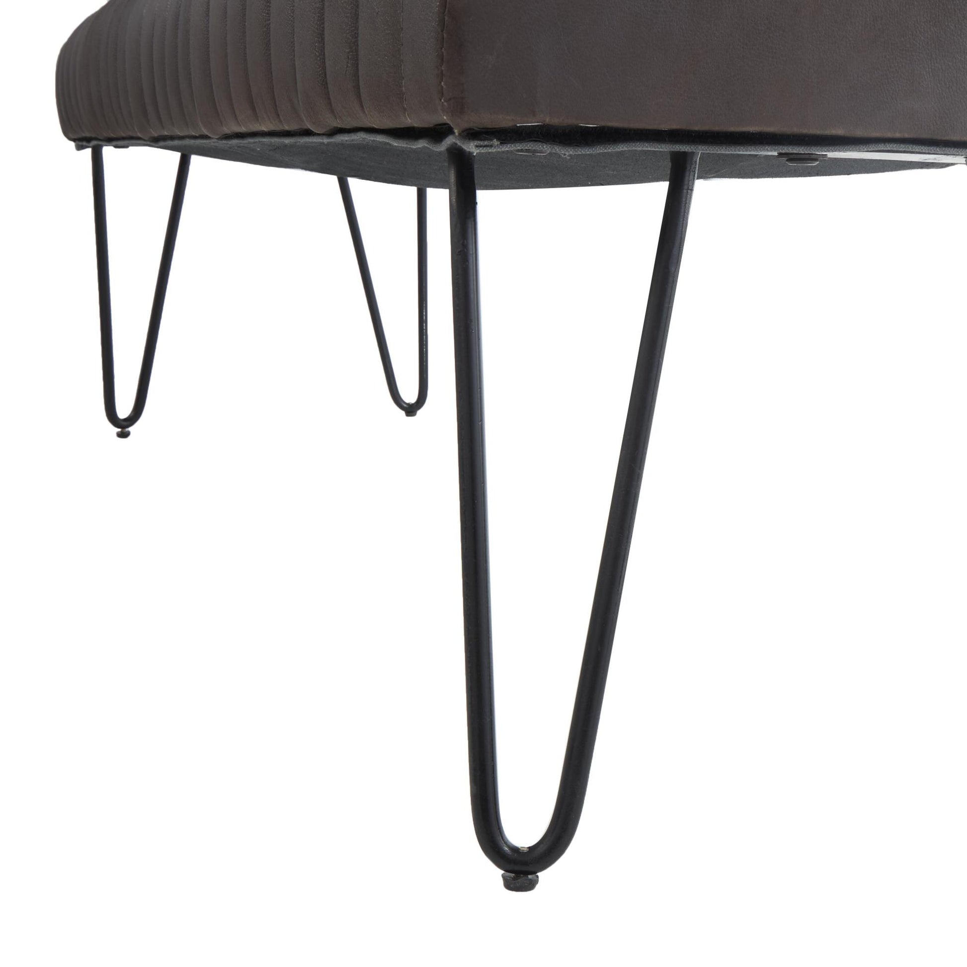 Leather Upholstered Home Bench with Linear Tufted Panels and Black Metal Hairpin Legs