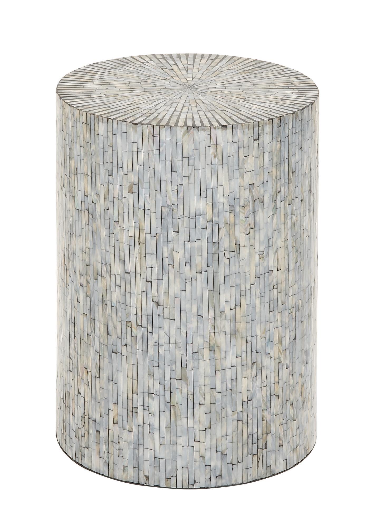 Geometric Mother of Pearl Shell Handmade Mosaic Drum Side End Accent Table
