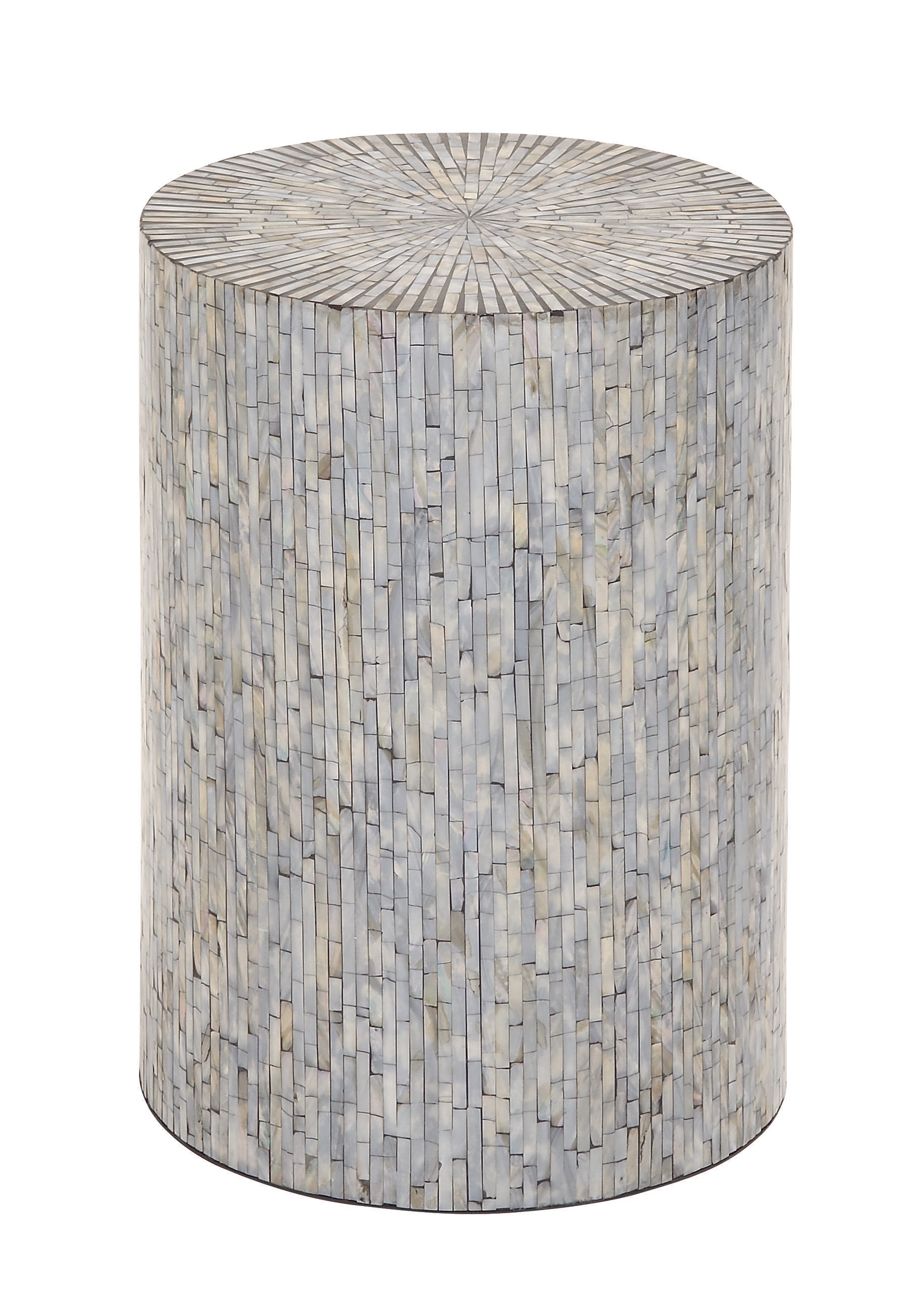 Geometric Mother of Pearl Shell Handmade Mosaic Drum Side End Accent Table