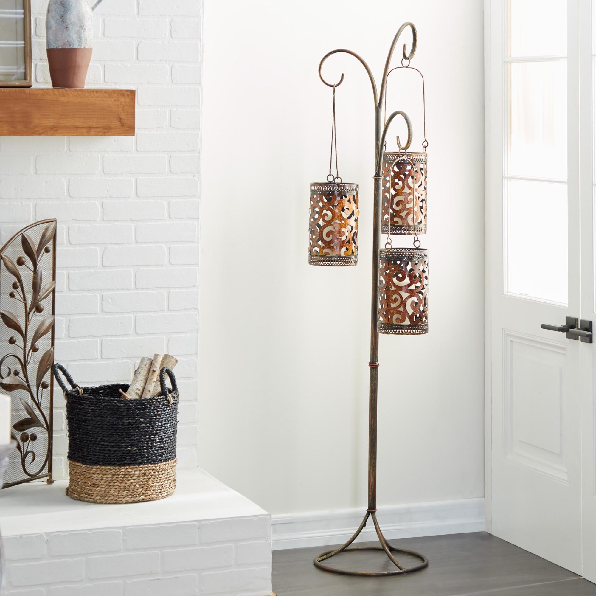 Scroll Brass Metal Perforated Moroccan Standing Floor Indoor Outdoor Candle Lantern with 3 Suspended Holders