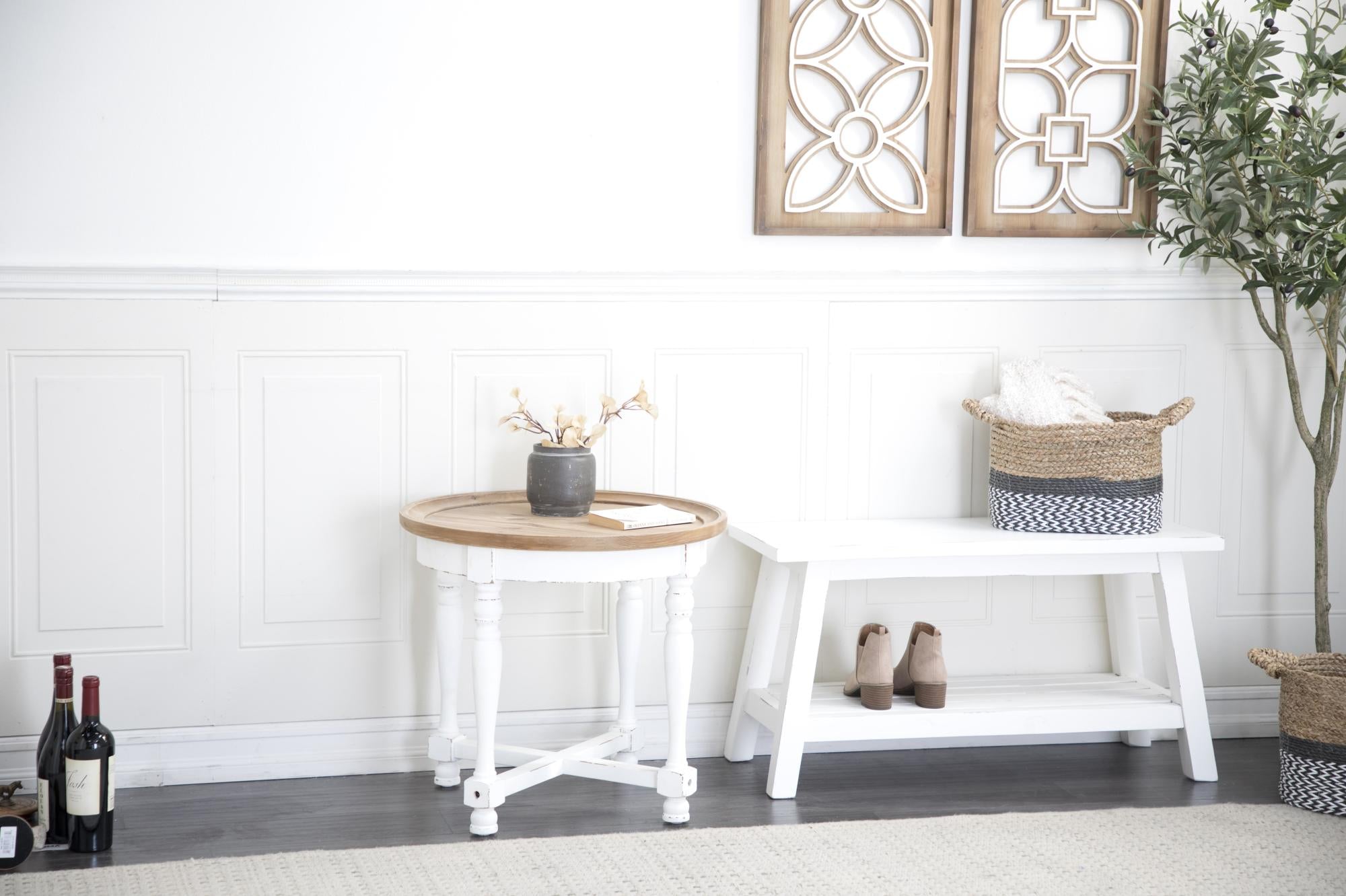 White Wood Side End Accent Table with Brown Wood Top