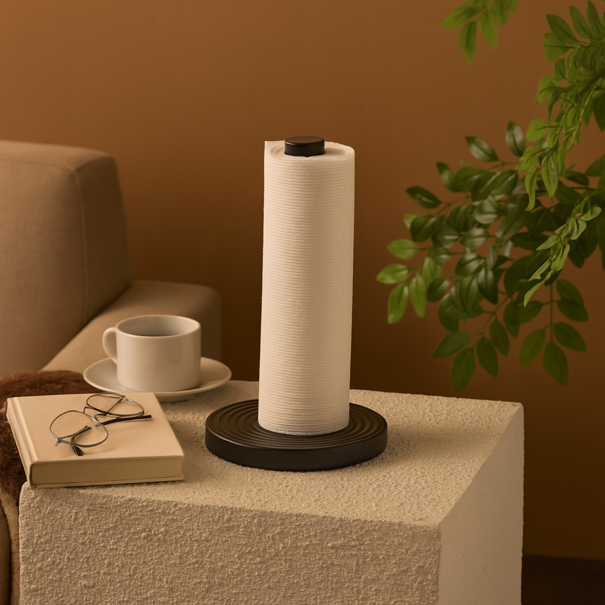 Black Metal Countertop Paper Towel Holder with Brown Wood Post