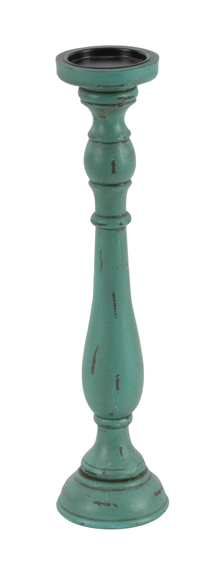Set of 3 Teal Wooden Distressed Turned Decorative Candle Holder