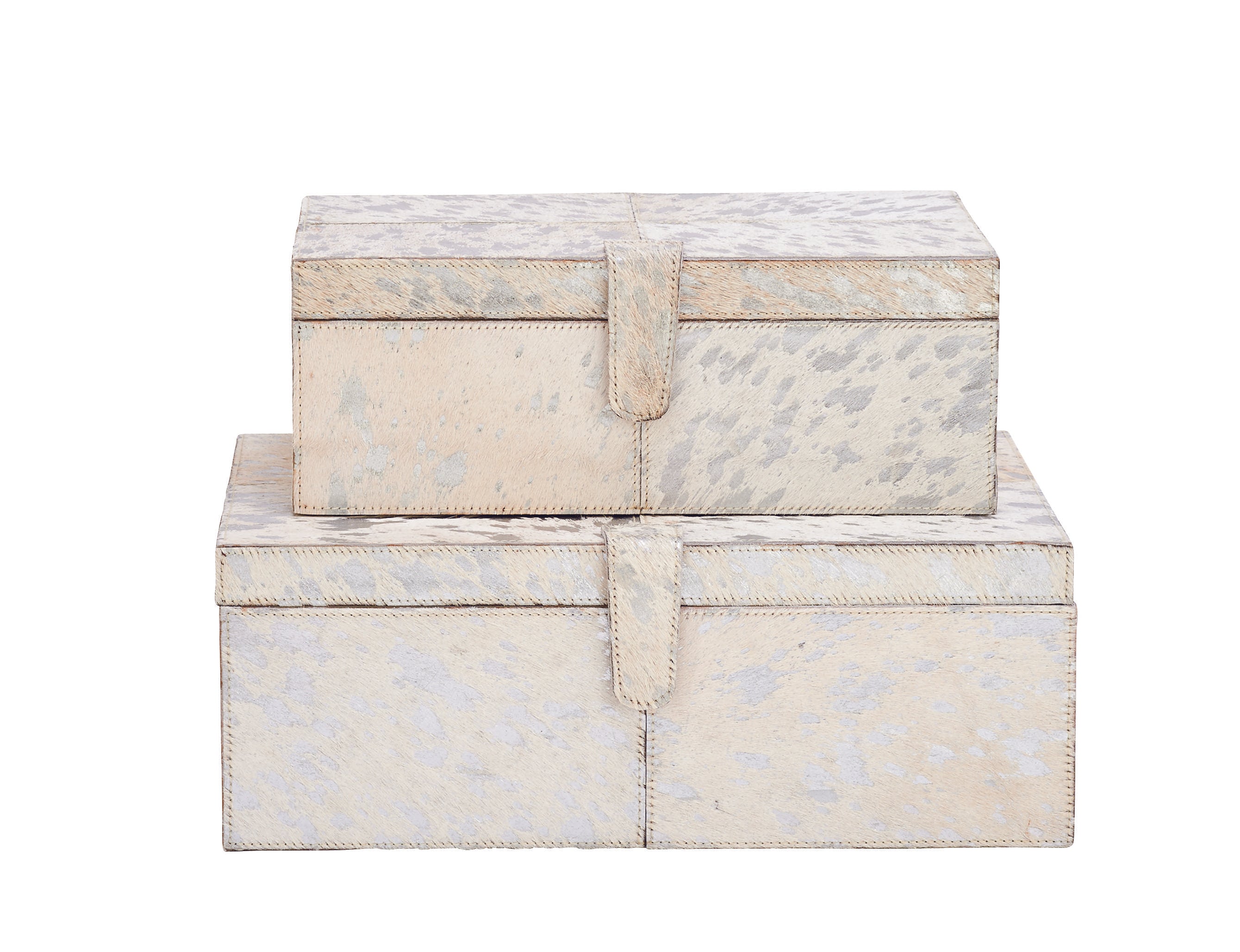 Set of 2 Leather Handmade Cowhide Storage Decorative Box with Stitching Detail