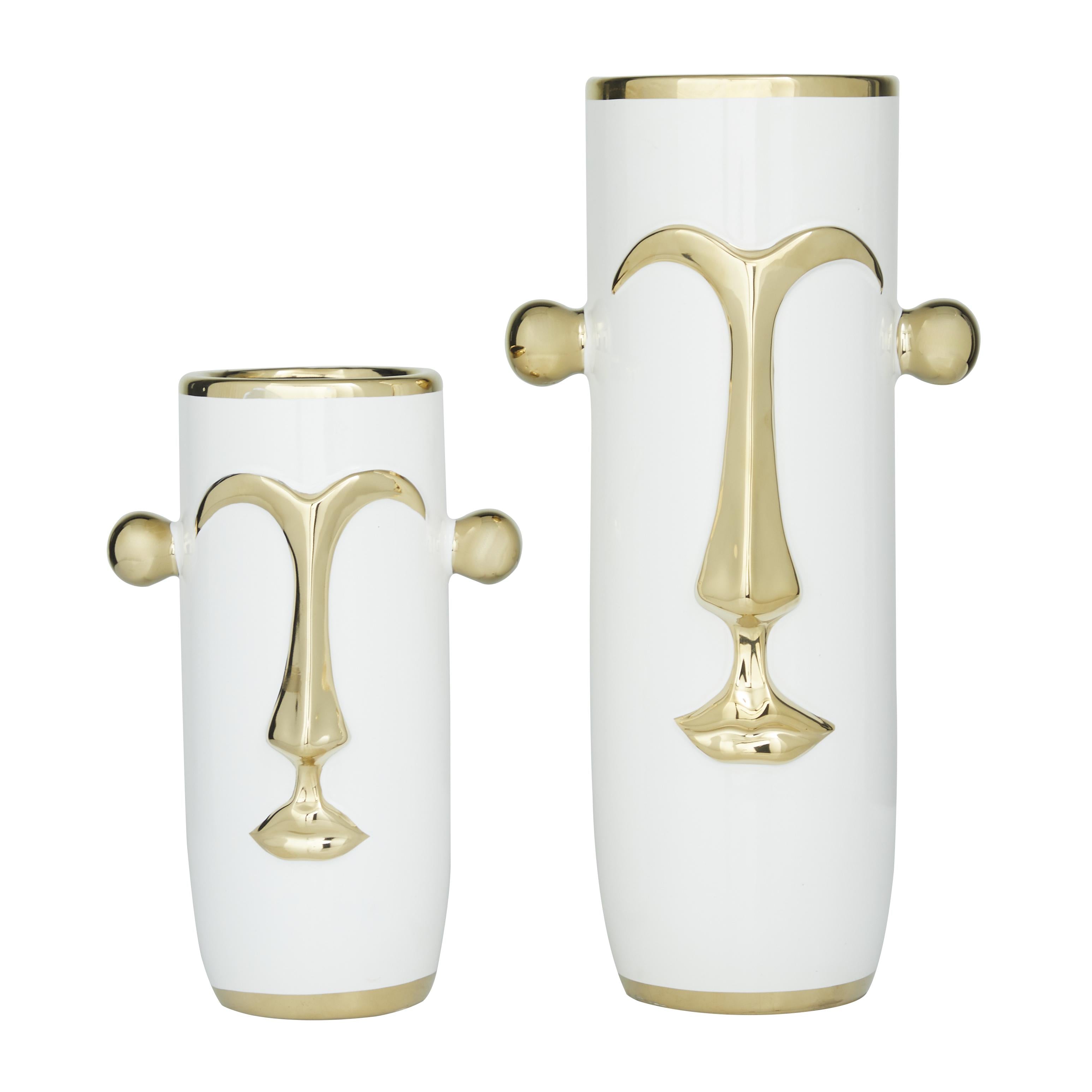 Set of 2 Face Ceramic Abstract Decorative Vase with Gold Details