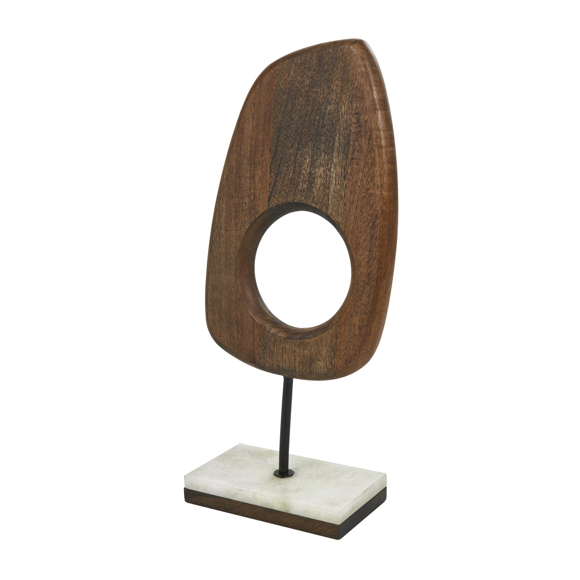 Abstract Brown Mango Wood Cut-Out Decorative Sculpture with Marble Base