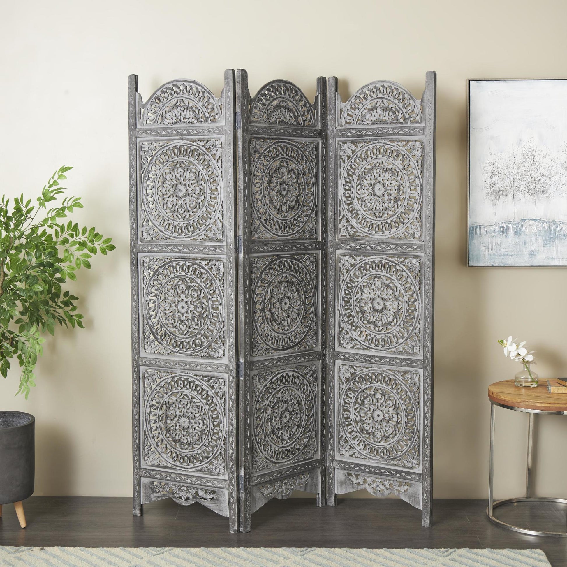 Floral Black Wood Handmade Foldable Partition 3 Panel Partition Room Divider Screen with Carved Designs