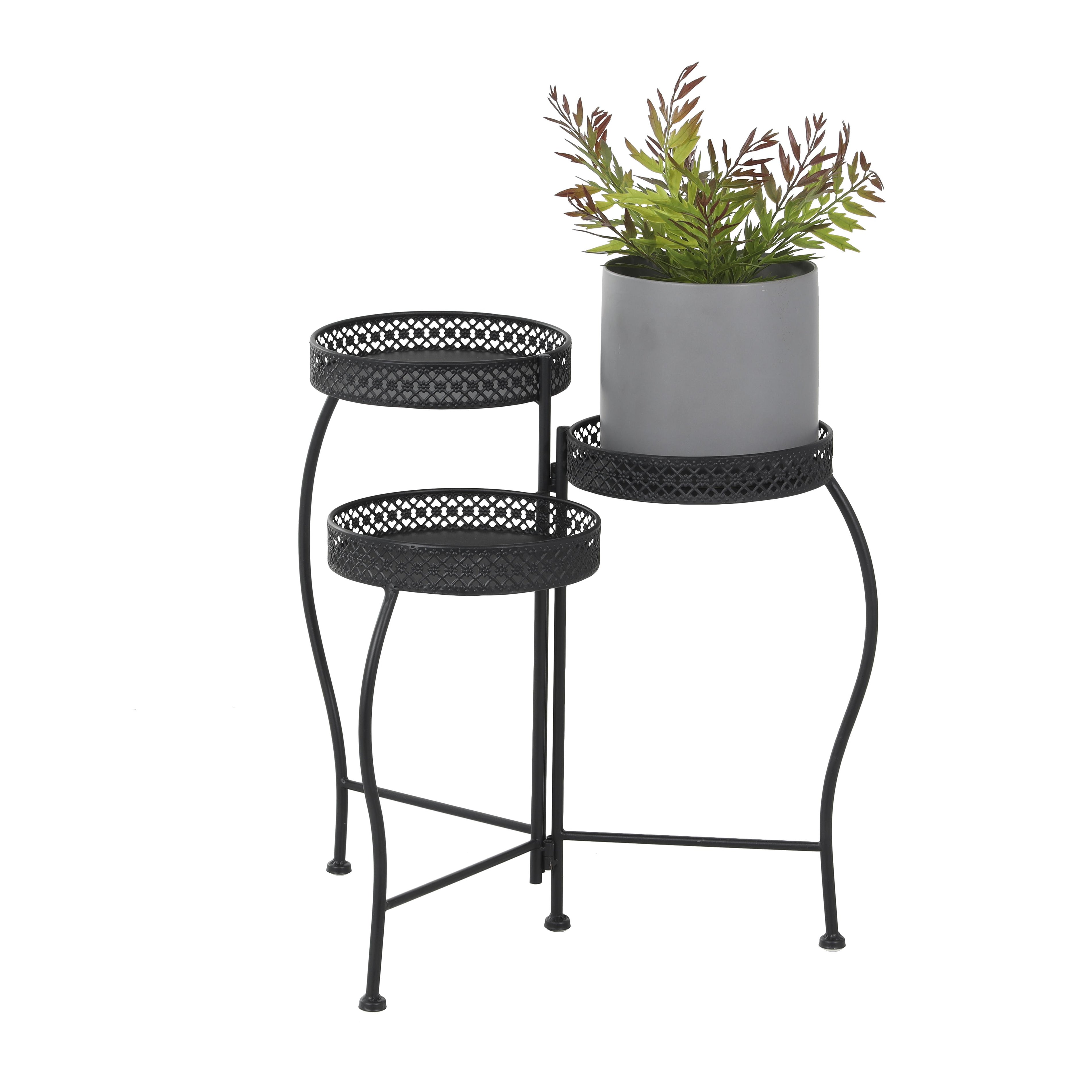 Metal Curved Folding 3 Tier Indoor Outdoor Plantstand with Floral and Scroll Patterns