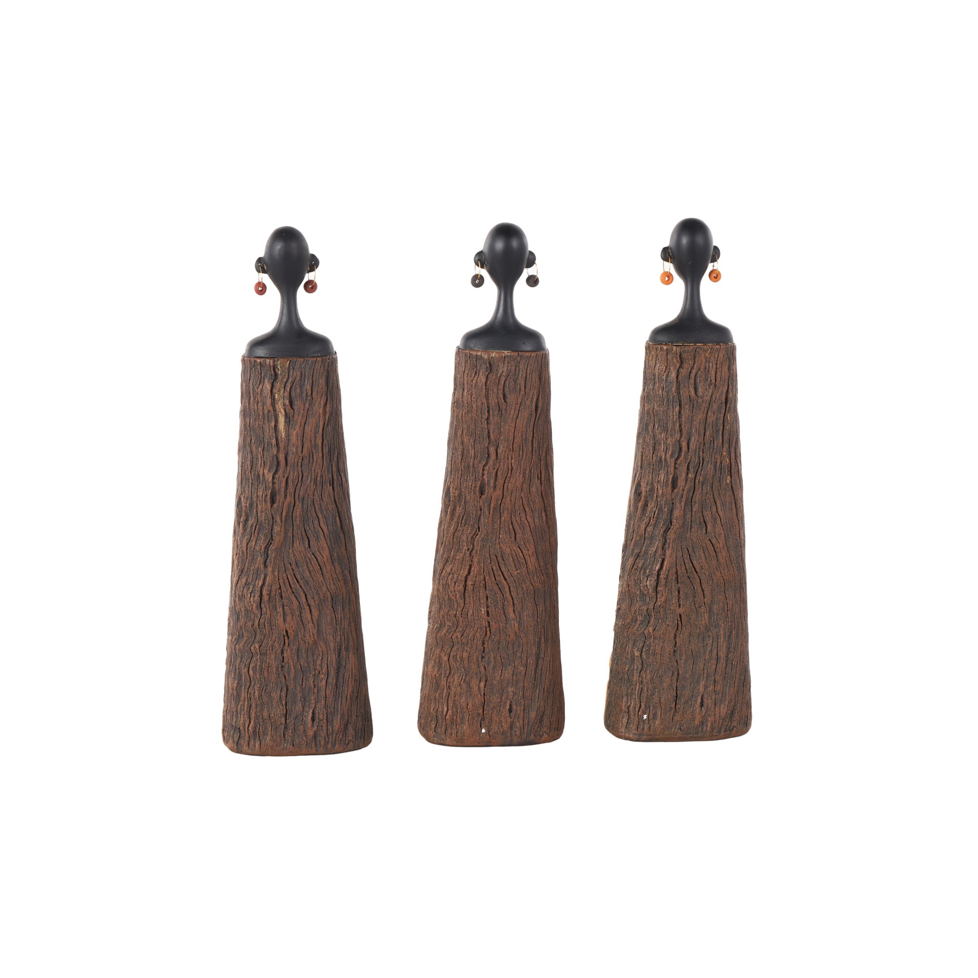 Set of 3 Woman Black Resin African Decorative Sculpture with Red, Orange, and White Dresswear