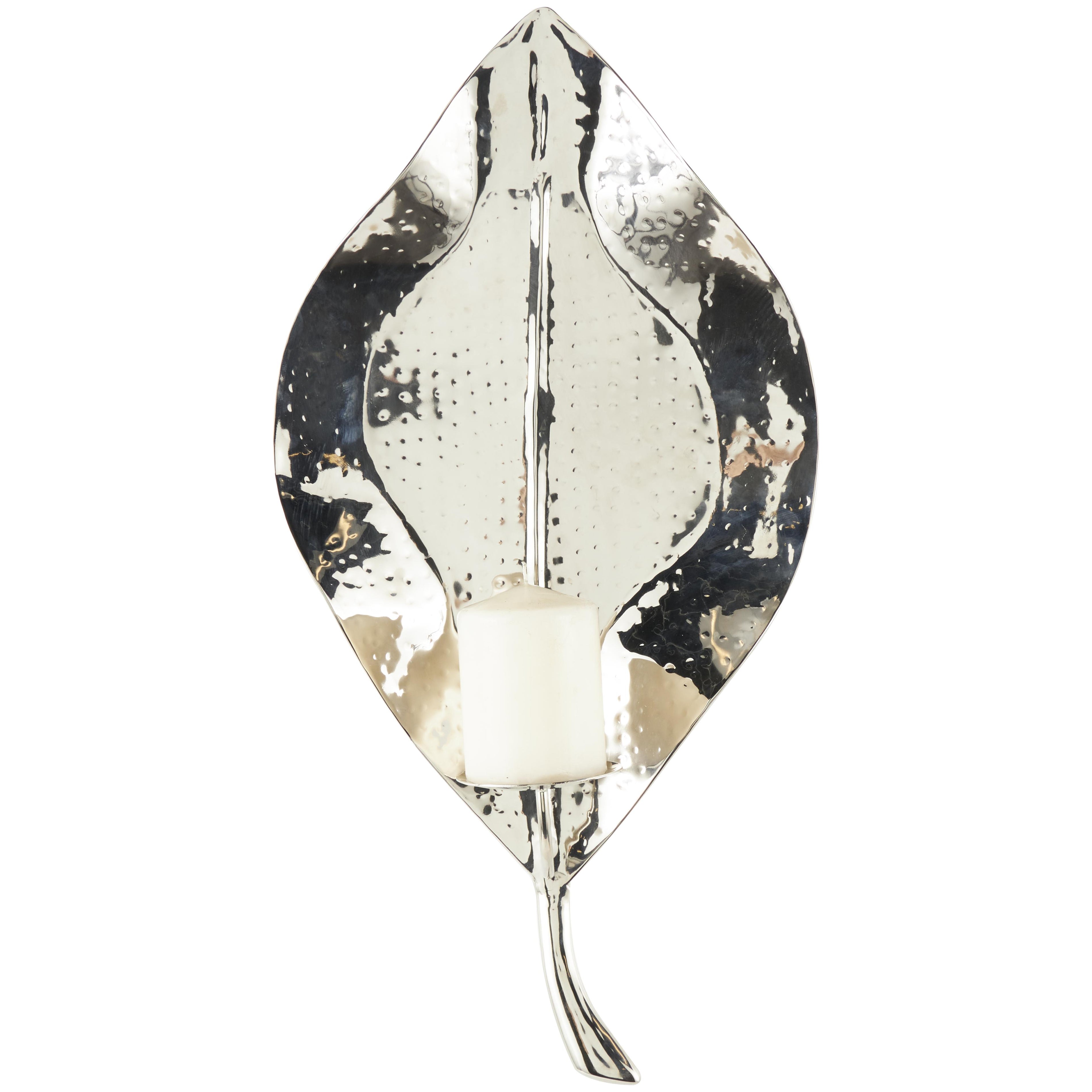 Leaf Silver Stainless Steel Metal Slim Single Candle Indoor Outdoor Wall Sconce with Hammered Design