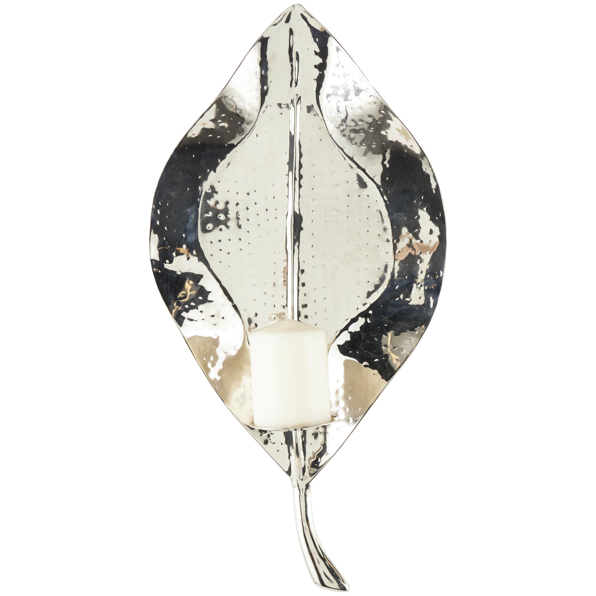 Leaf Silver Stainless Steel Metal Slim Single Candle Indoor Outdoor Wall Sconce with Hammered Design