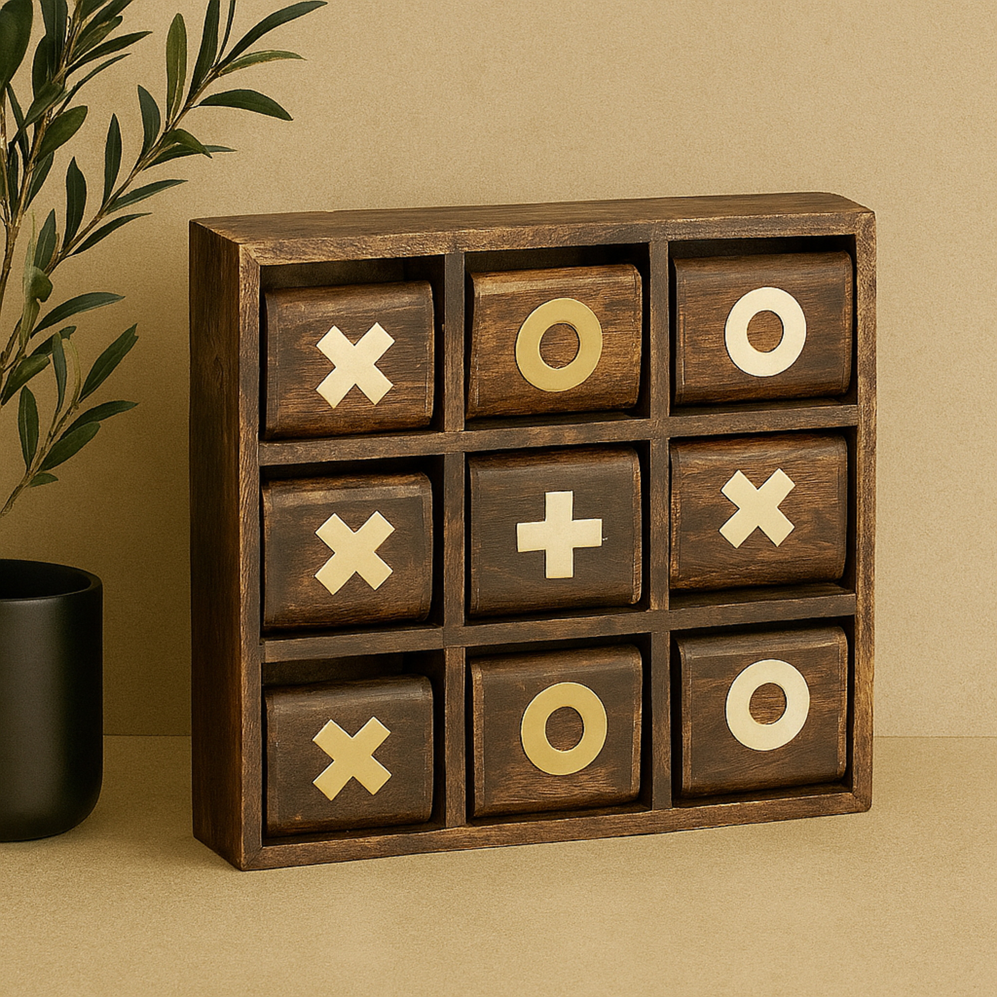 Tic Tac Toe Dark Brown Mango Wood Home Decor Game Set with Gold Inlay