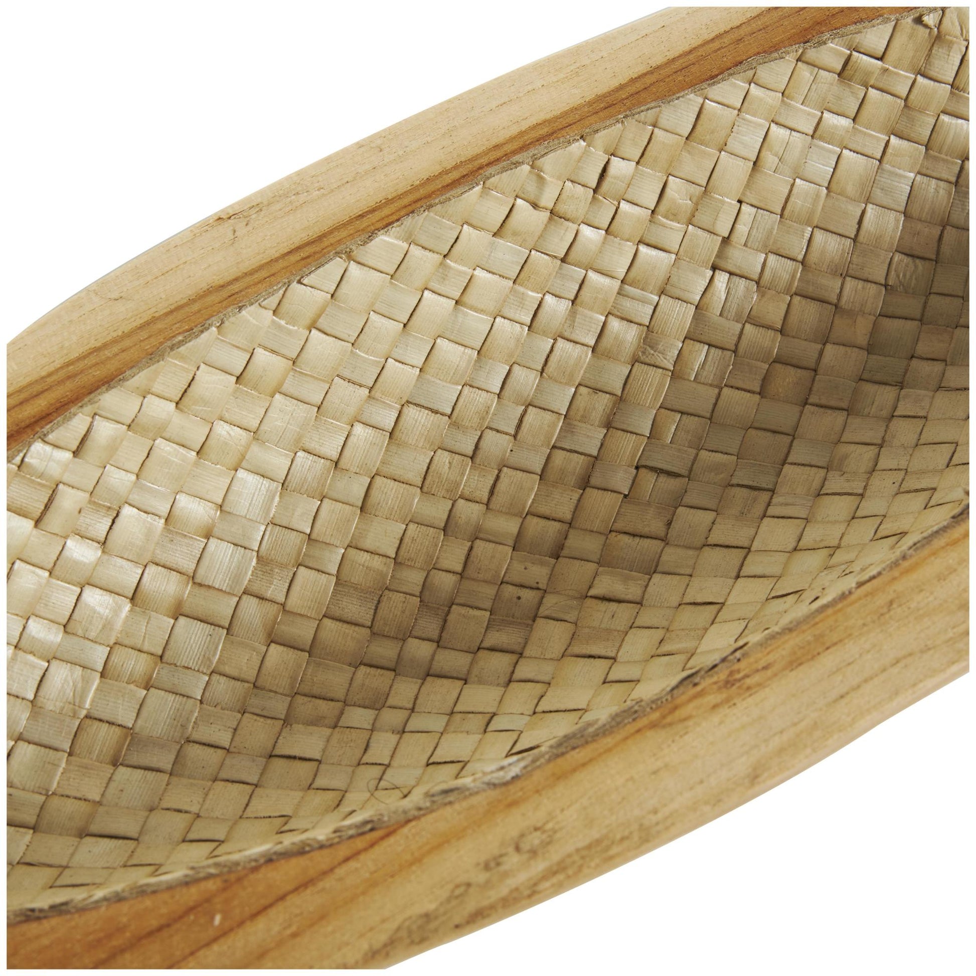 Set of 2 Boat Brown Teak Wood Handmade Carved Living Room Decor Tray with Woven Palm Leaf Interior