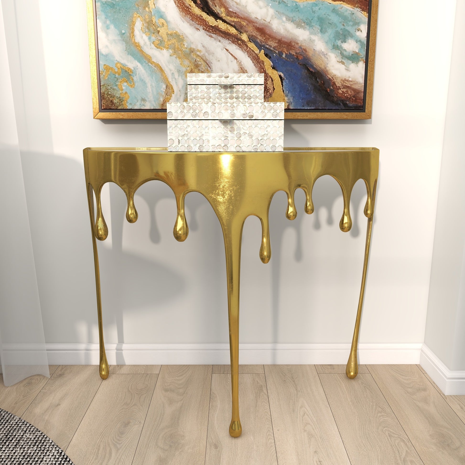 Abstract Aluminum Metal Crescent Drip Living Room Console Table with Melting Design Legs and Glass Top
