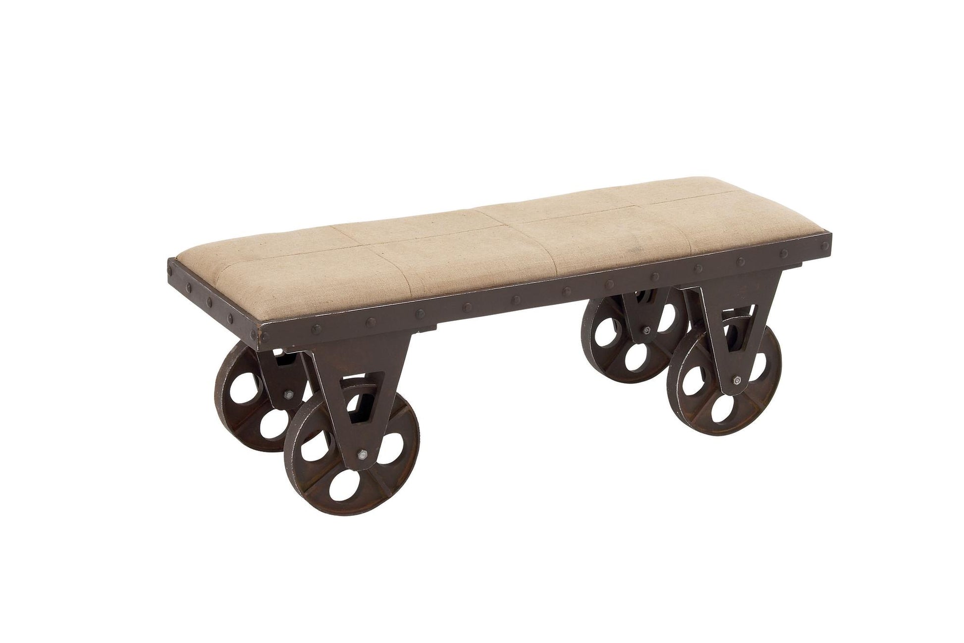 Brown Linen Fabric Vintage Industrial Inspired Home Bench with Wheels and Linen Upholstered Seat