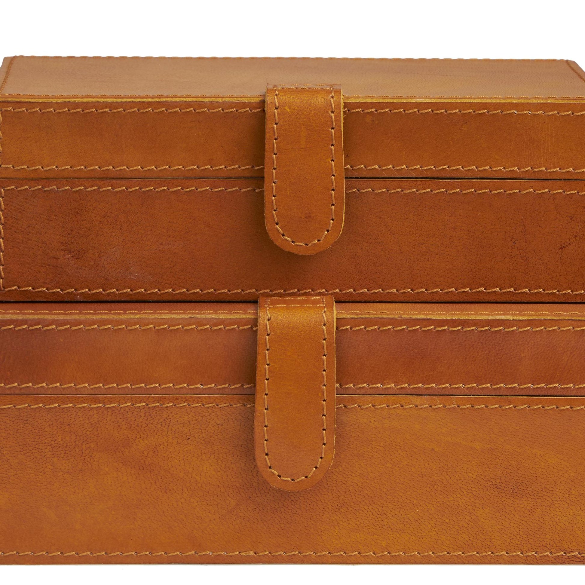 Set of 2 Leather Handmade Decorative Box with Snap Front Closure and Detailed Stitching