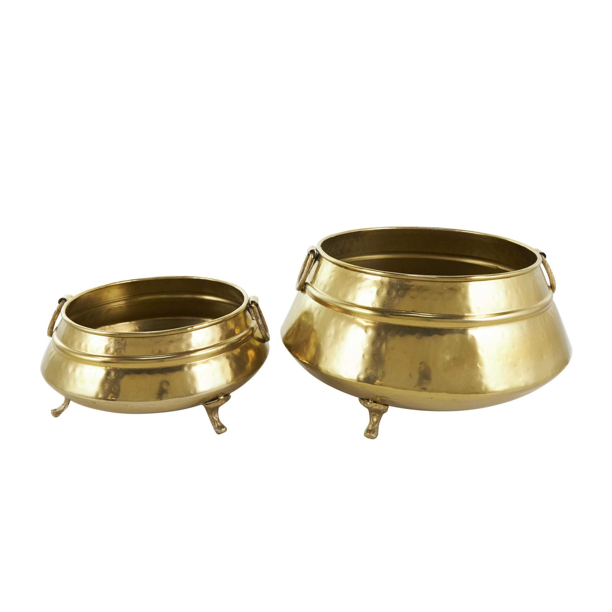 Set of 2 Gold Metal Hammered Pot Indoor Outdoor Planter with Scrolled Feet and Ring Handles
