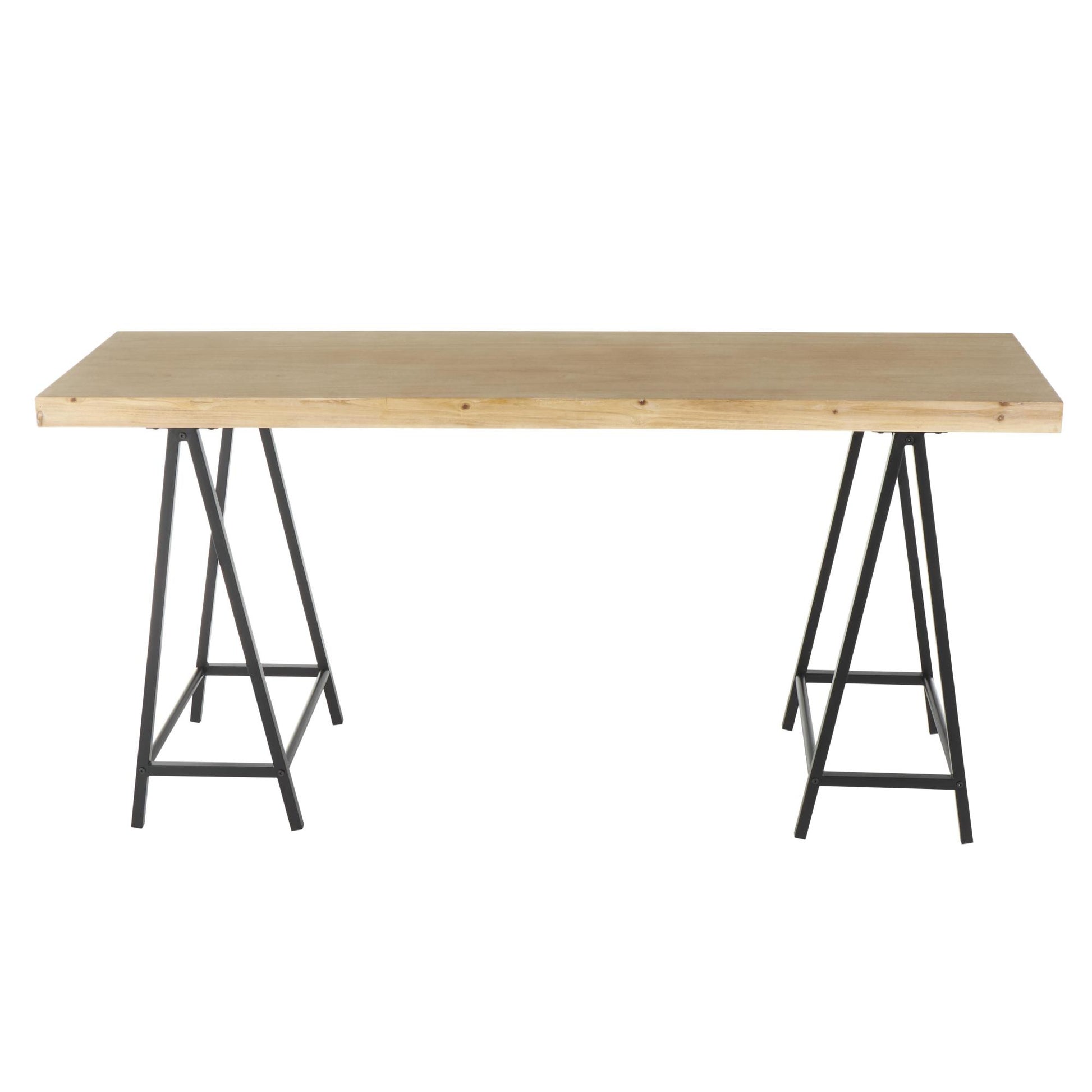 Brown Wooden Rectangular Living Room Console Table with Black Metal Supports