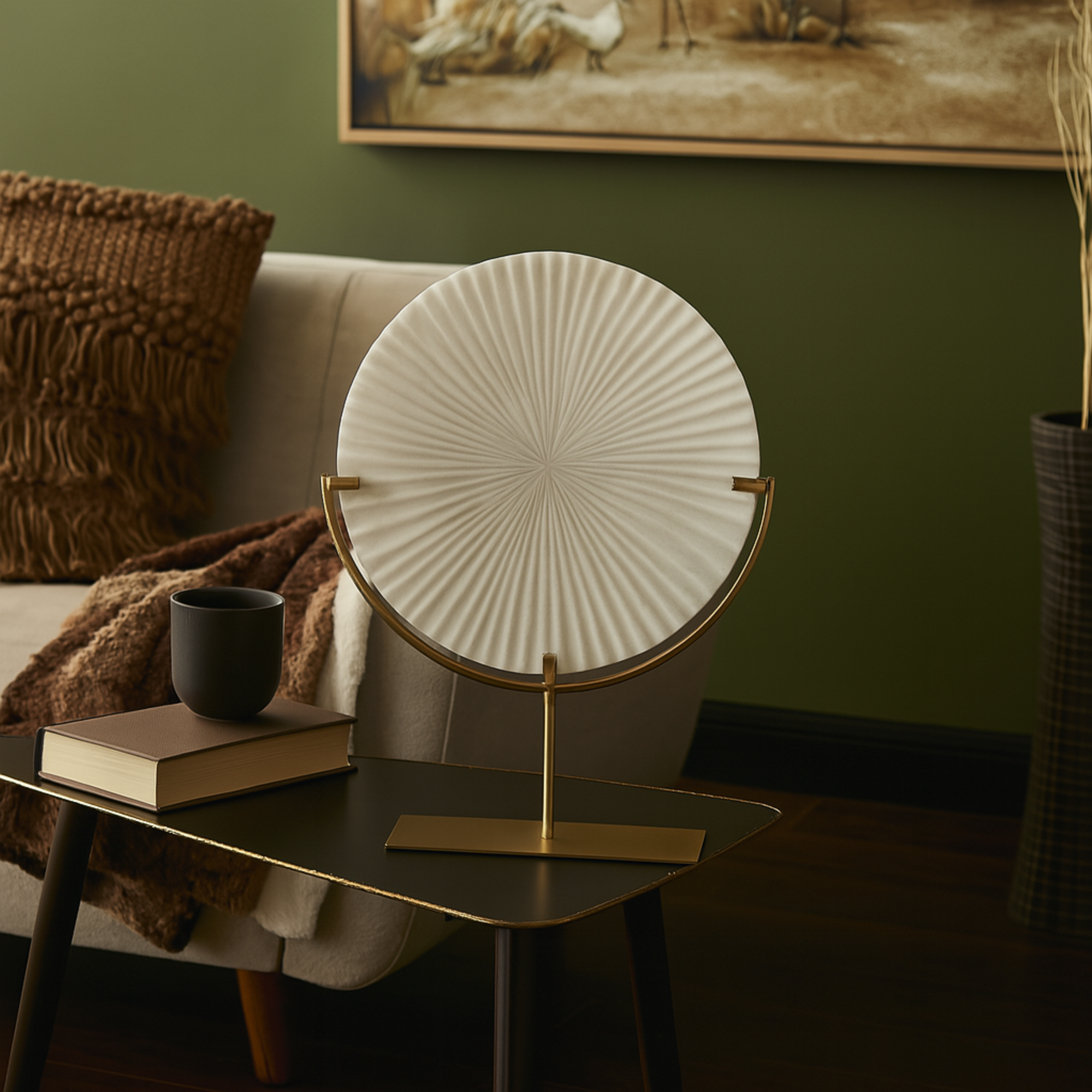 Starburst White Polystone Textured Round Disk Decorative Sculpture with Gold Stand