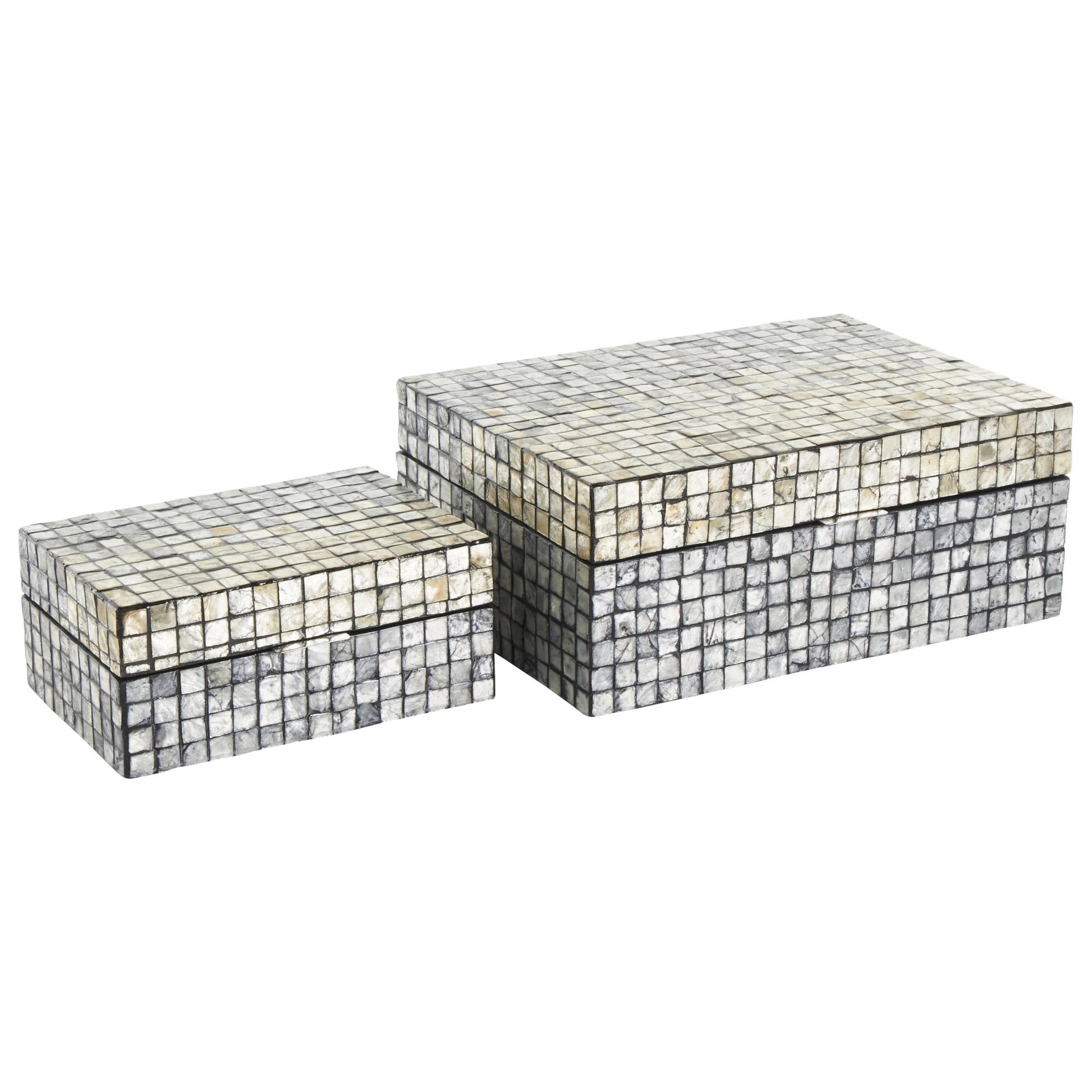 Set of 2 Geometric Gray Mother of Pearl Shell Handmade Square Mosaic Storage Decorative Box