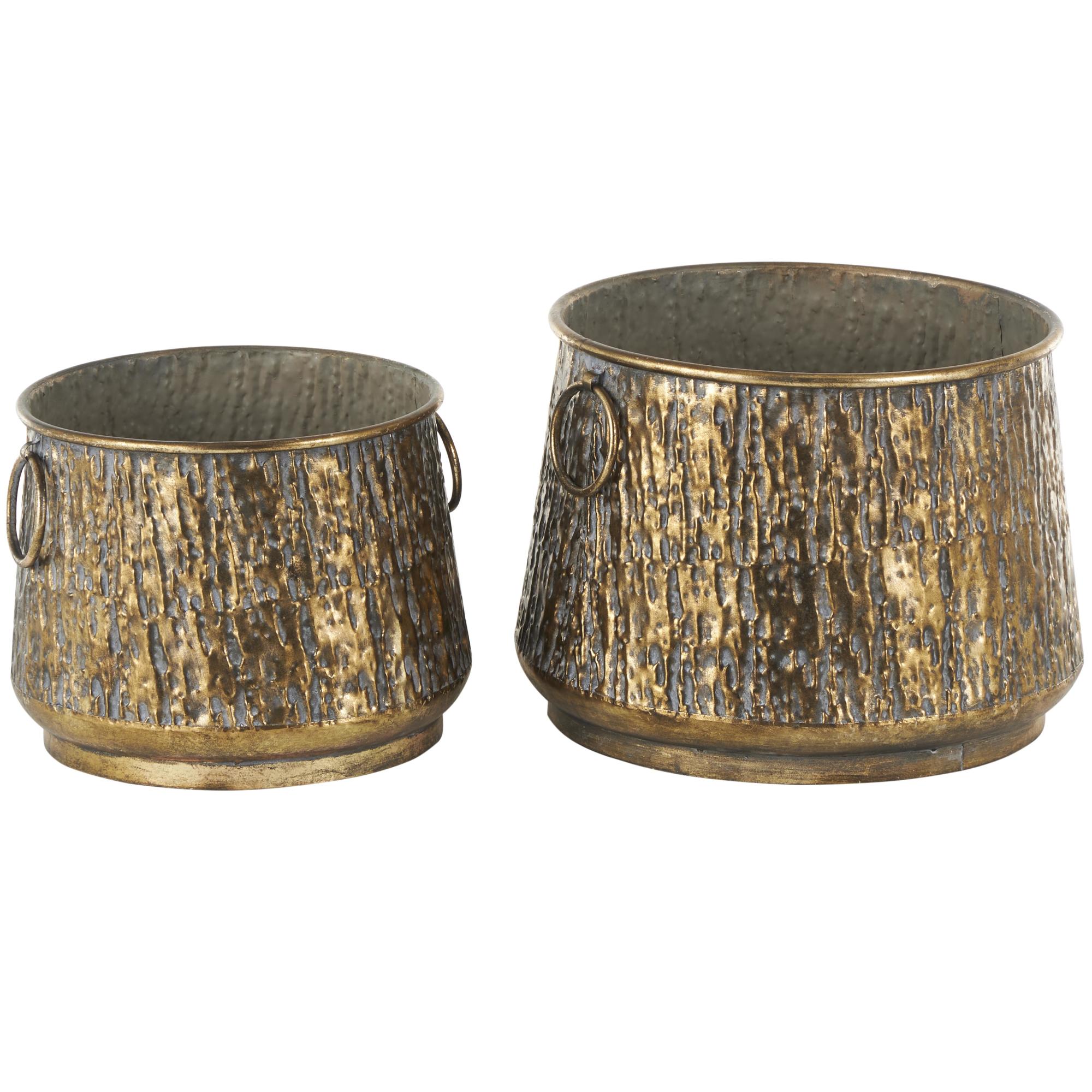 Set of 2 Abstract Brass Metal Textured Indoor Outdoor Planter with Gray Weathered Spots and Ring Handles