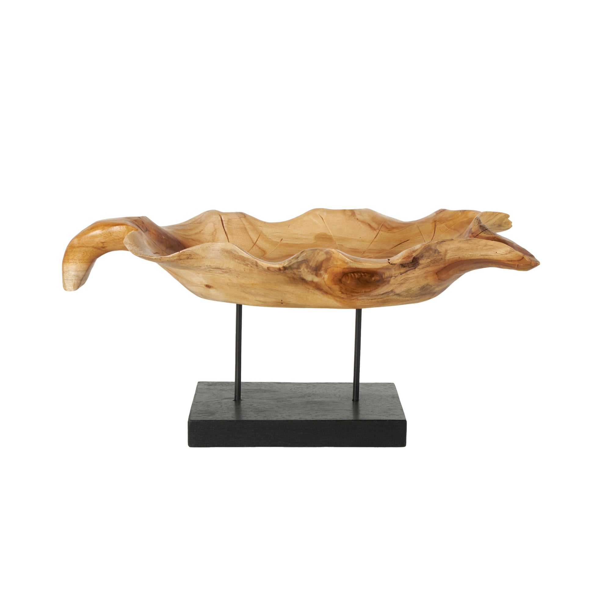 Leaf Brown Teak Wood Floating Decorative Sculpture with Black Stand and Base
