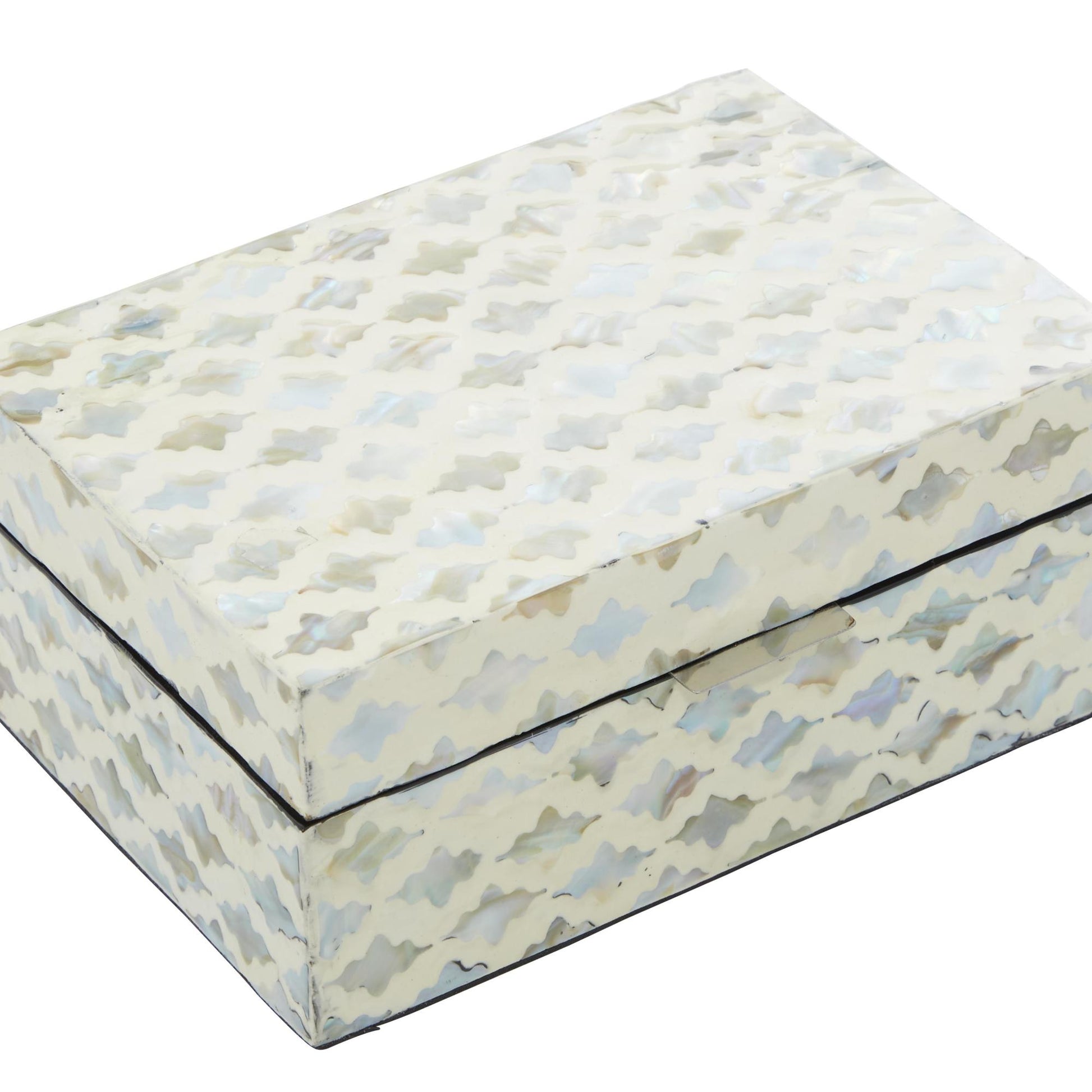 Set of 2 Geometric Cream Mother of Pearl Shell Handmade Storage Decorative Box with Hinged Lid