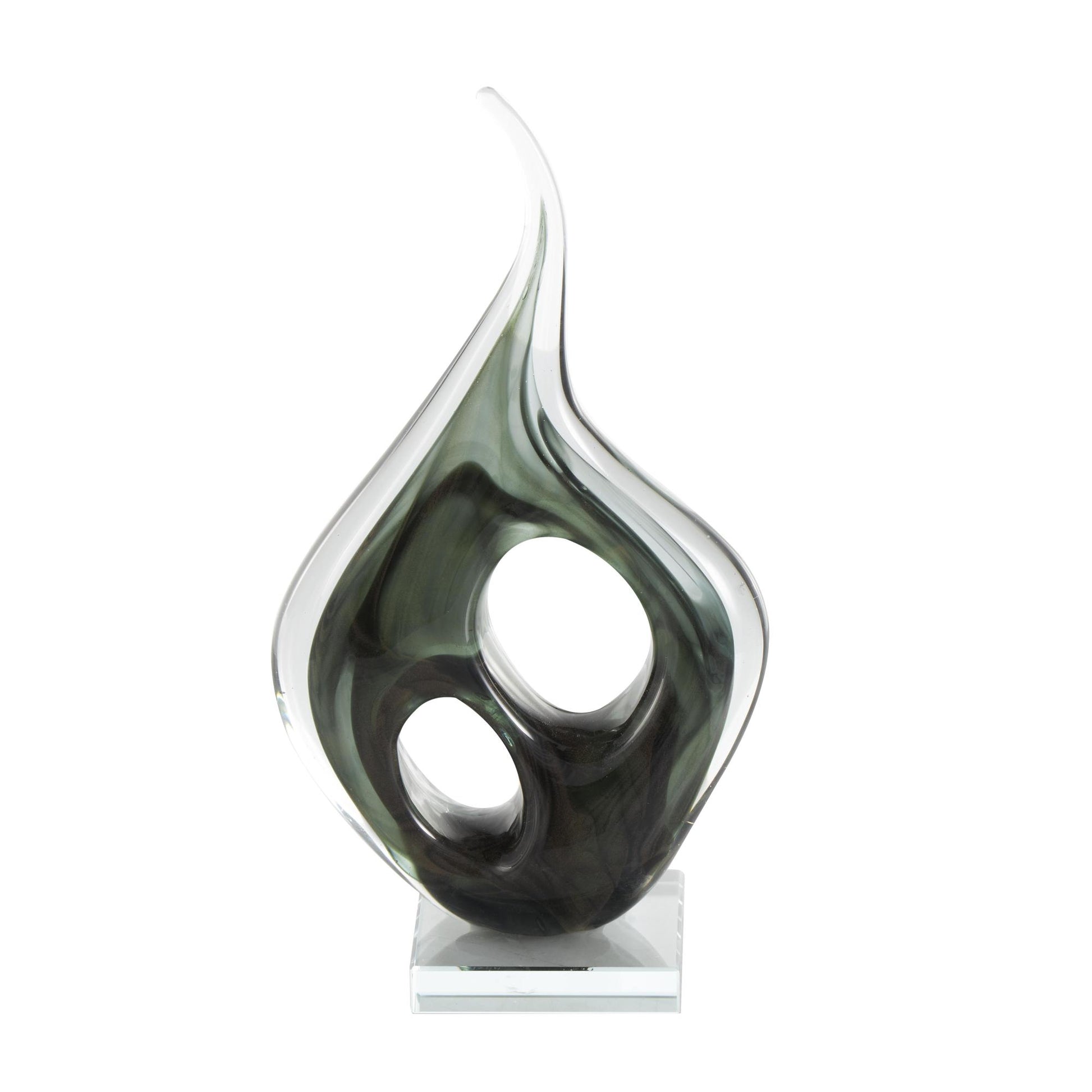 Abstract Green Glass Curved Cutout Decorative Sculpture with Swirl Patterns