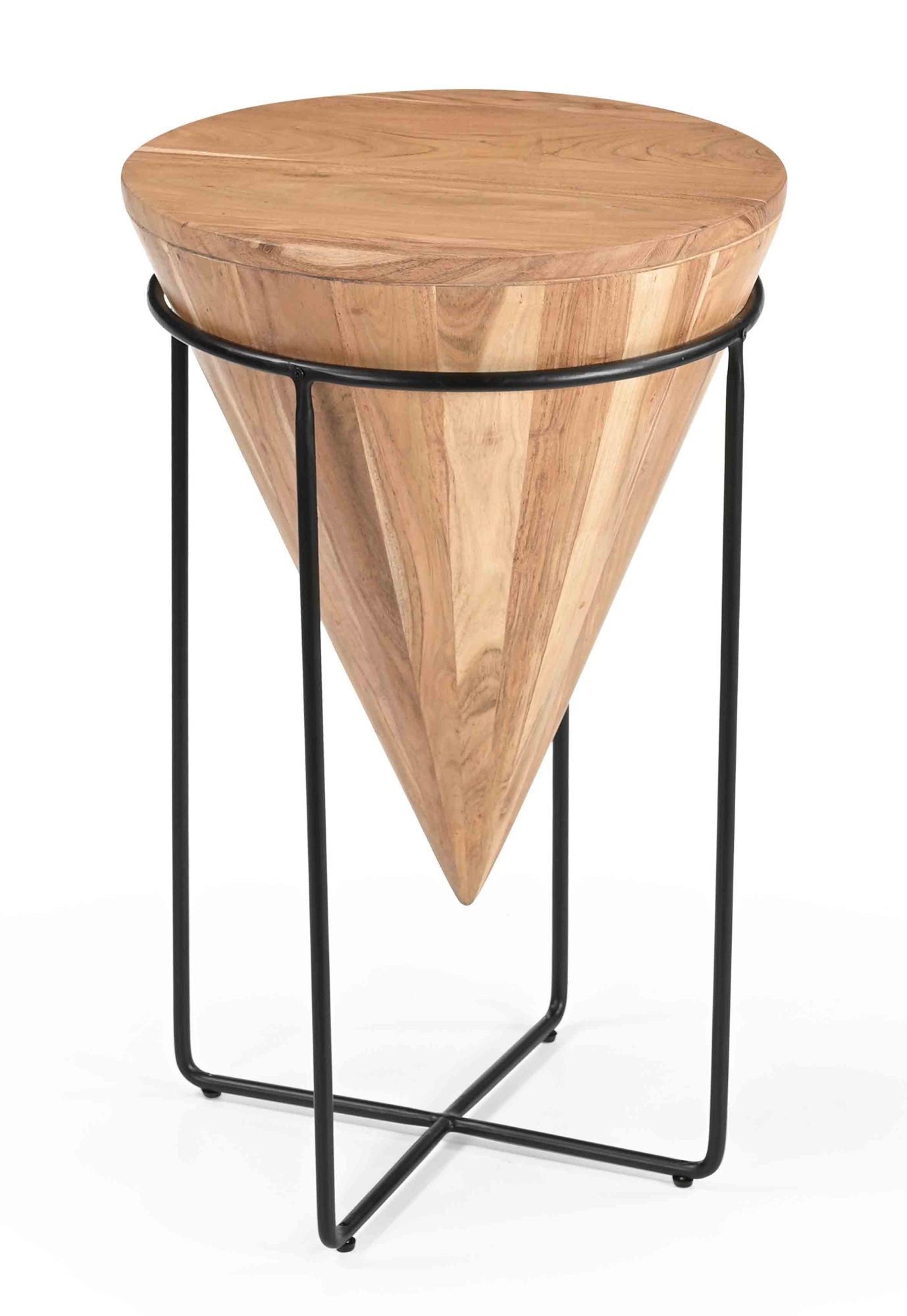 Geometric Brown Wood Inverted Cone Side End Accent Table with Black Iron X Cross Legs and Natural Wood Grains