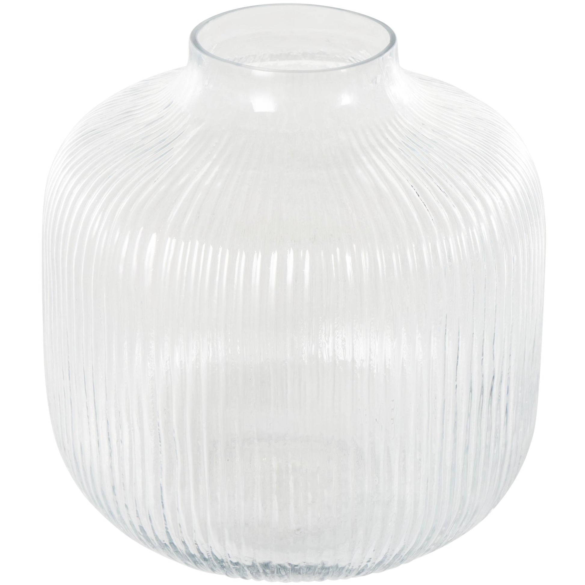 Clear Glass Short Round Ribbed Fluted Decorative Vase