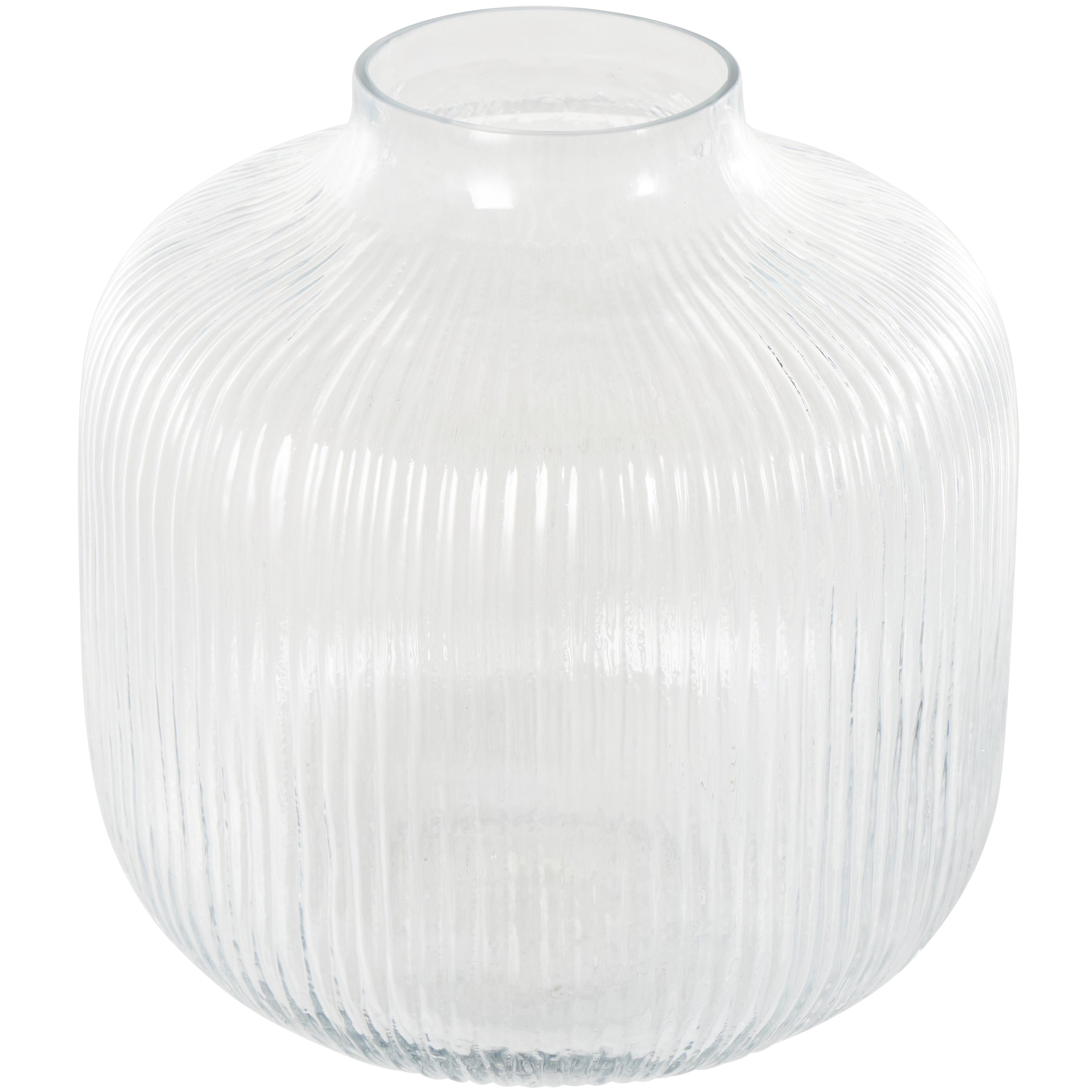 Clear Glass Short Round Ribbed Fluted Decorative Vase