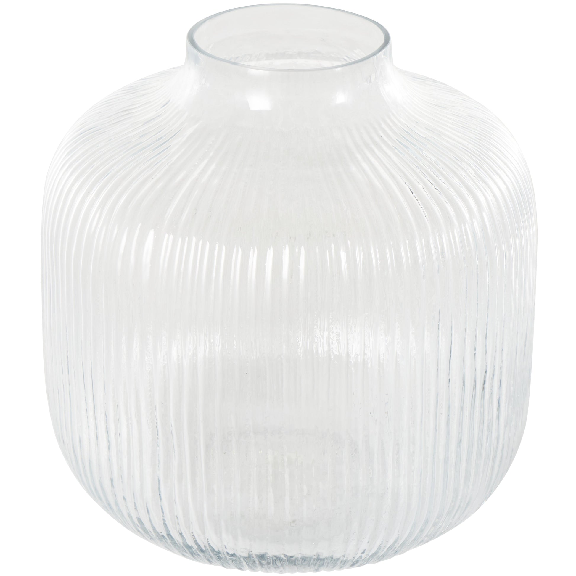 Clear Glass Short Round Ribbed Fluted Decorative Vase