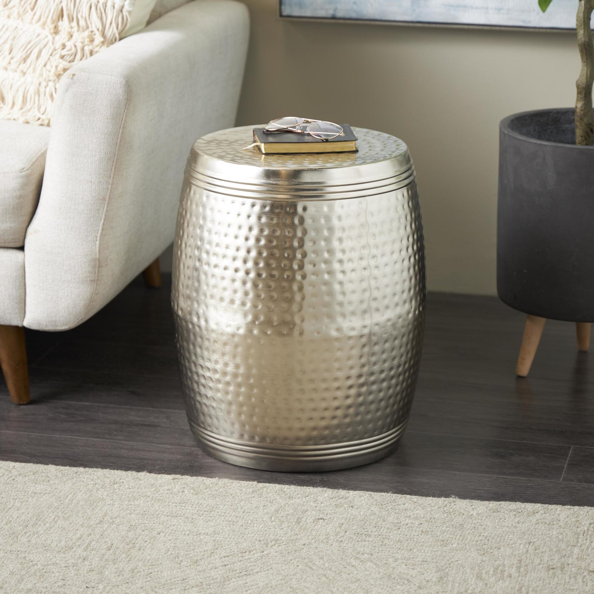 Drum Metal Handmade Side End Accent Table with Hammered Design