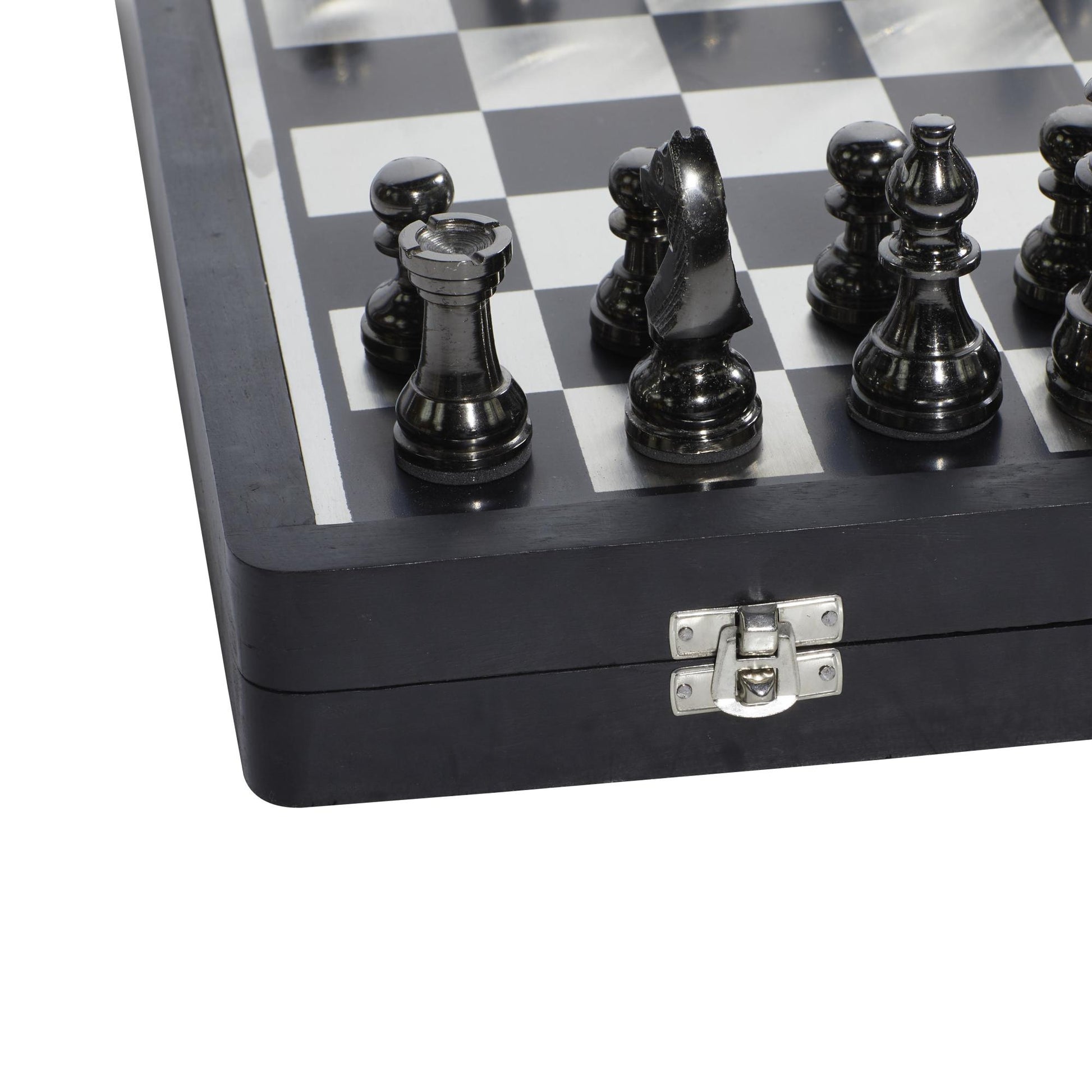 Chess Black Aluminum Metal Home Decor Game Set with Storage Compartment